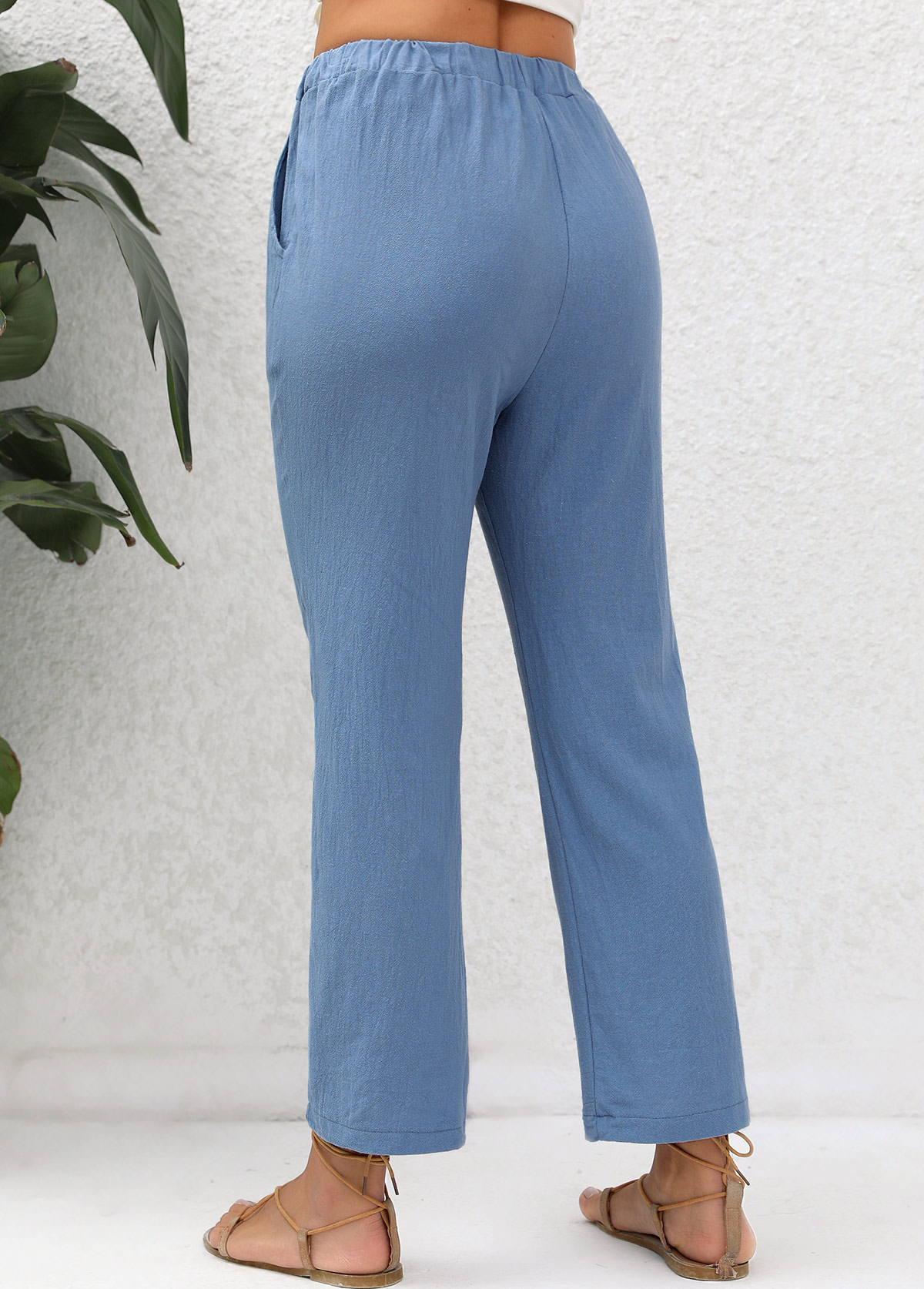 Denim Blue bottoms,Plain Color bottoms,Double Side Pockets Denim Blue Elastic Waist Pants