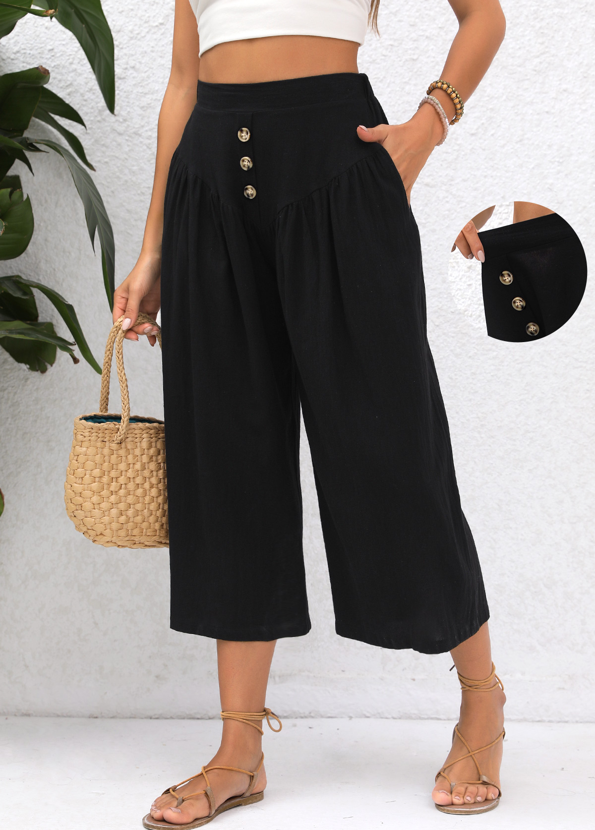 Black bottoms,Plain Color bottoms,Pocket Black Elastic Waist High Waisted Pants