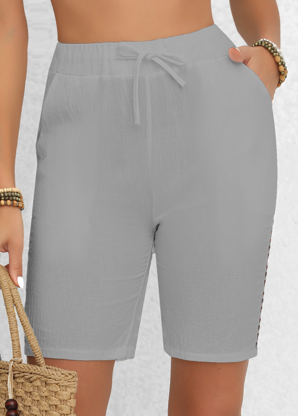 Light Grey bottoms,Plain Color bottoms,Patchwork Light Grey Regular Elastic Waist High Waisted Shorts
