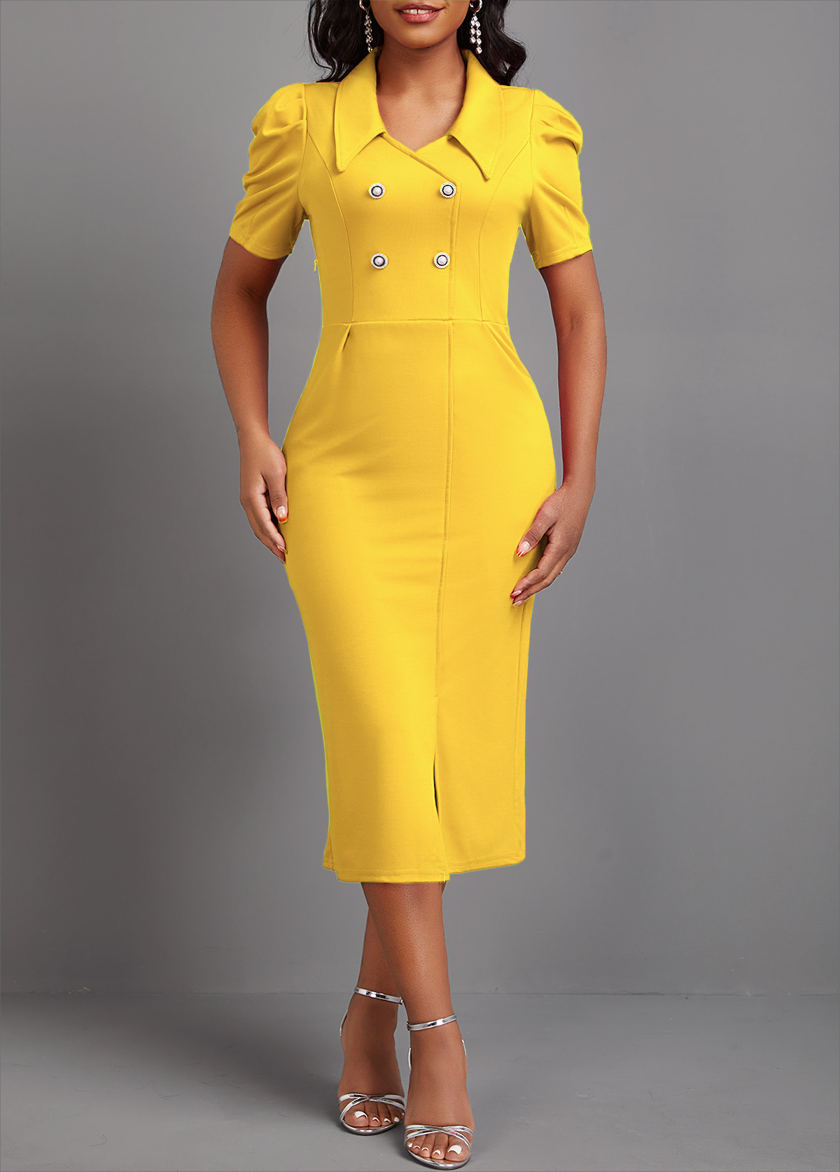 Yellow dresses,Plain Color dresses,Party dresses,Elegant dresses,ROTITA Button Yellow Turn Down Collar Bodycon Dress