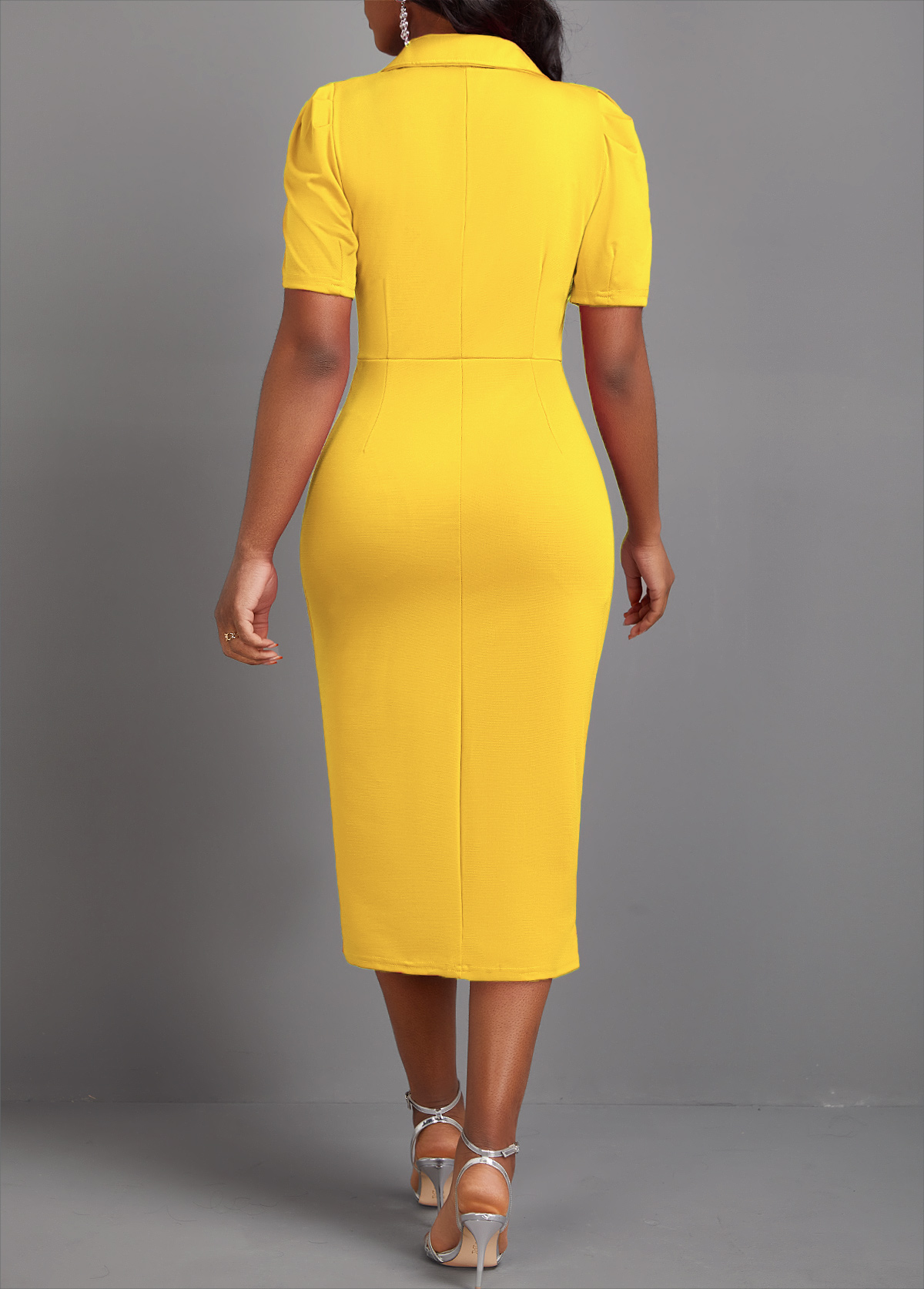 Yellow dresses,Plain Color dresses,Party dresses,Elegant dresses,ROTITA Button Yellow Turn Down Collar Bodycon Dress