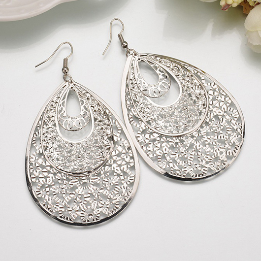 Silvery White jewelry,Geometric jewelry,Silvery White Metal Geometric Teardrop Earrings