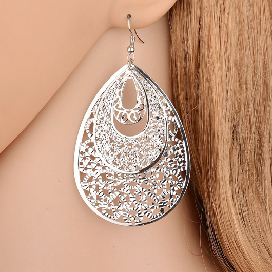 Silvery White jewelry,Geometric jewelry,Silvery White Metal Geometric Teardrop Earrings