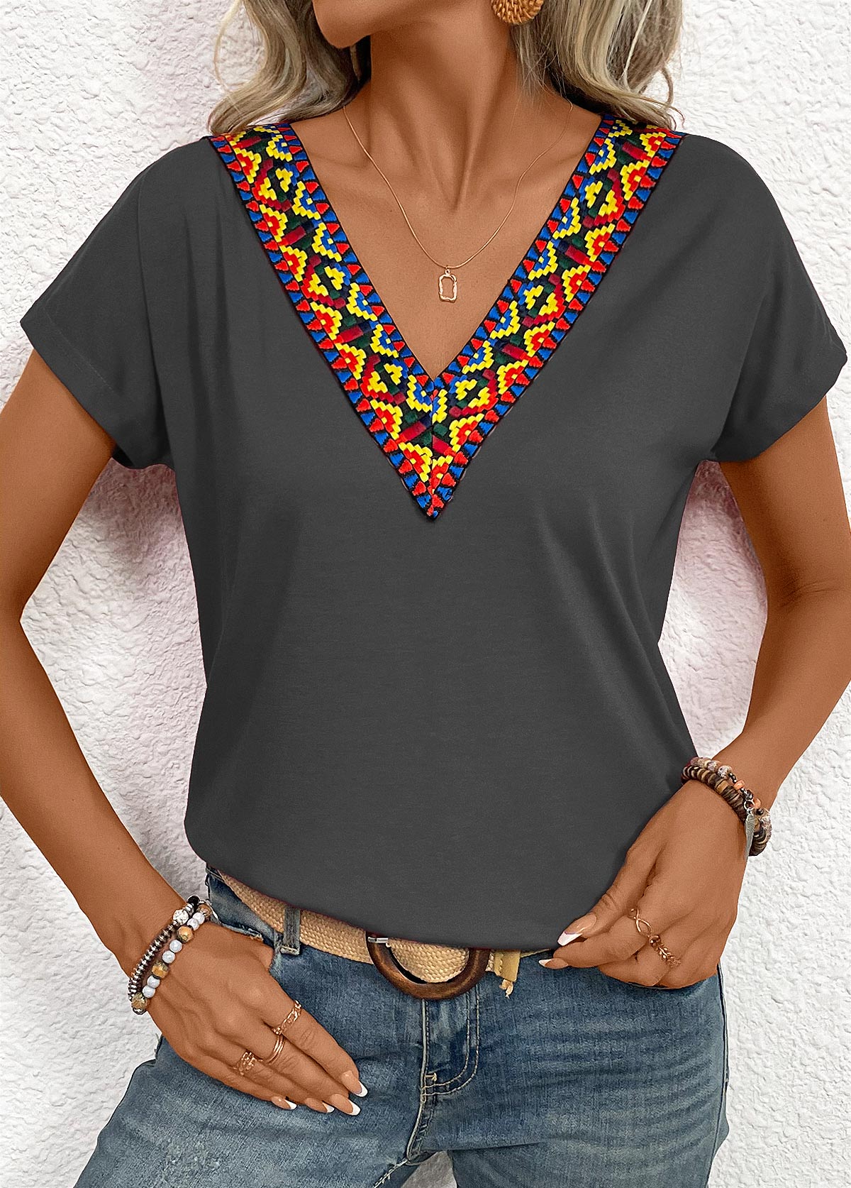 Dark Grey Marl tops,Tribal tops,Patchwork Tribal Print Dark Grey V Neck T Shirt