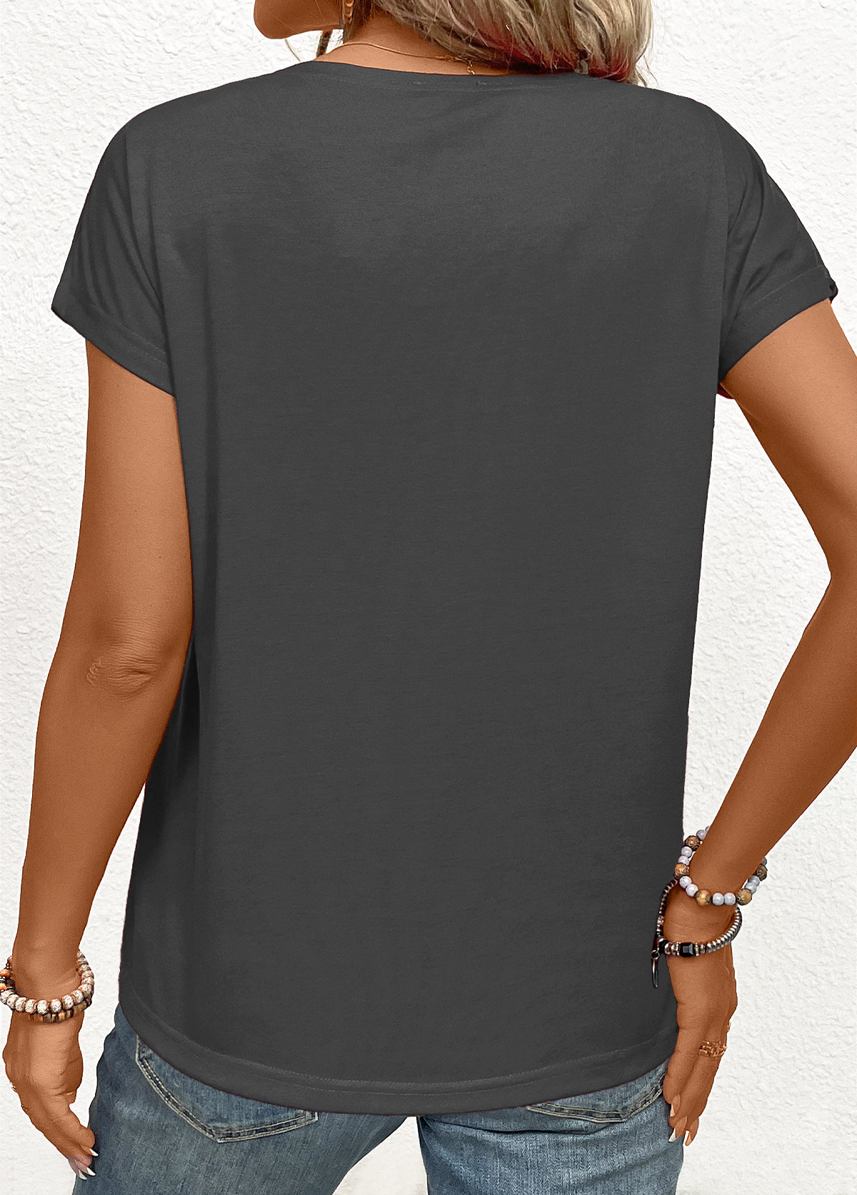 Dark Grey Marl tops,Tribal tops,Patchwork Tribal Print Dark Grey V Neck T Shirt