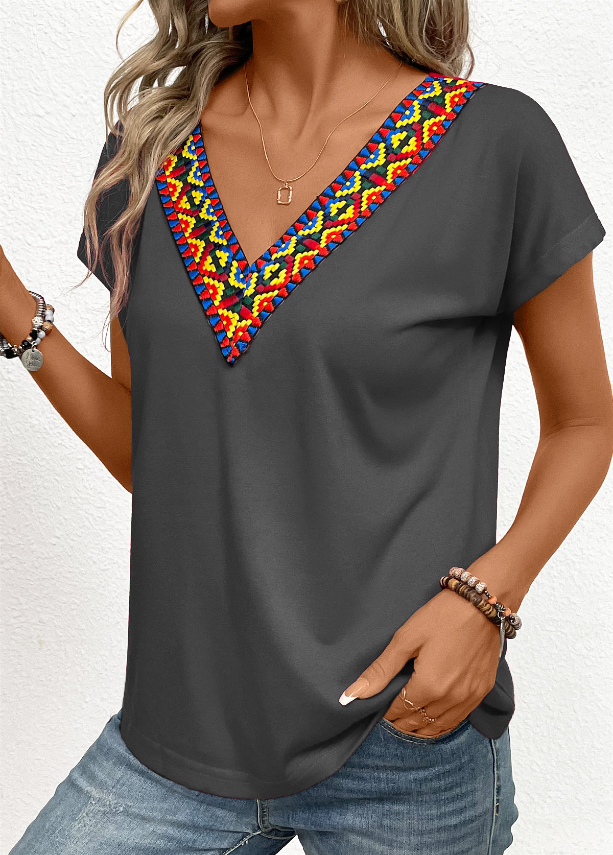 Dark Grey Marl tops,Tribal tops,Patchwork Tribal Print Dark Grey V Neck T Shirt