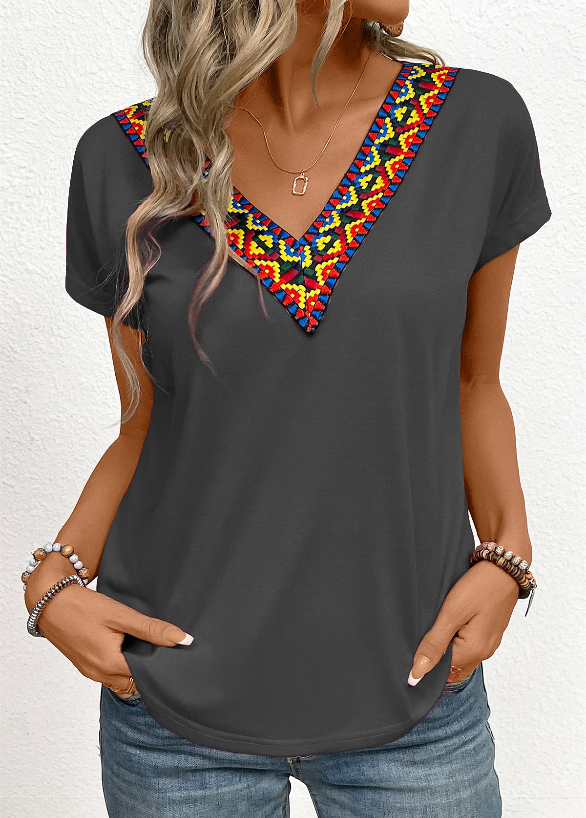 Dark Grey Marl tops,Tribal tops,Patchwork Tribal Print Dark Grey V Neck T Shirt