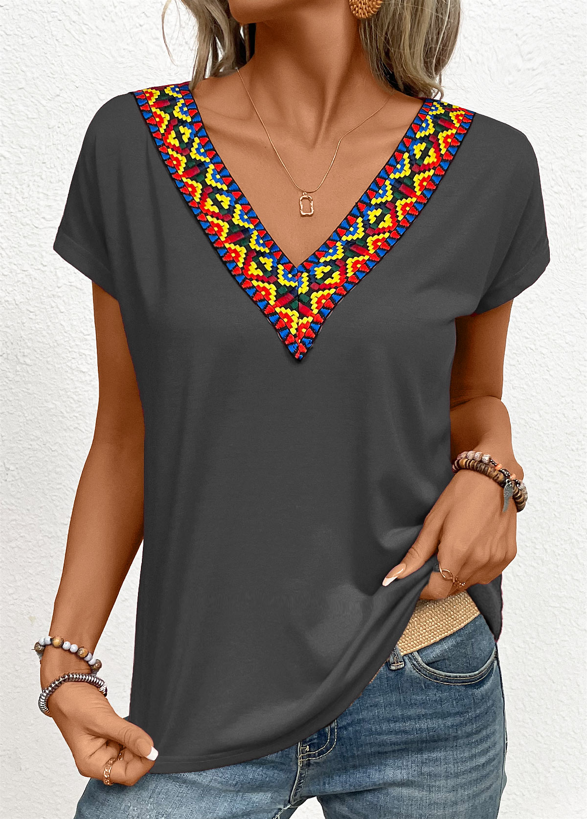 Dark Grey Marl tops,Tribal tops,Patchwork Tribal Print Dark Grey V Neck T Shirt