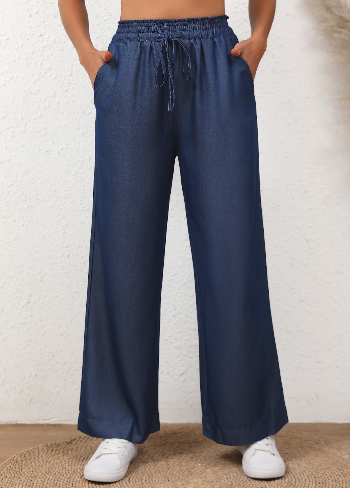 Denim Blue bottoms,Plain Color bottoms,Drawstring Denim Blue Elastic Waist High Waisted Jeans