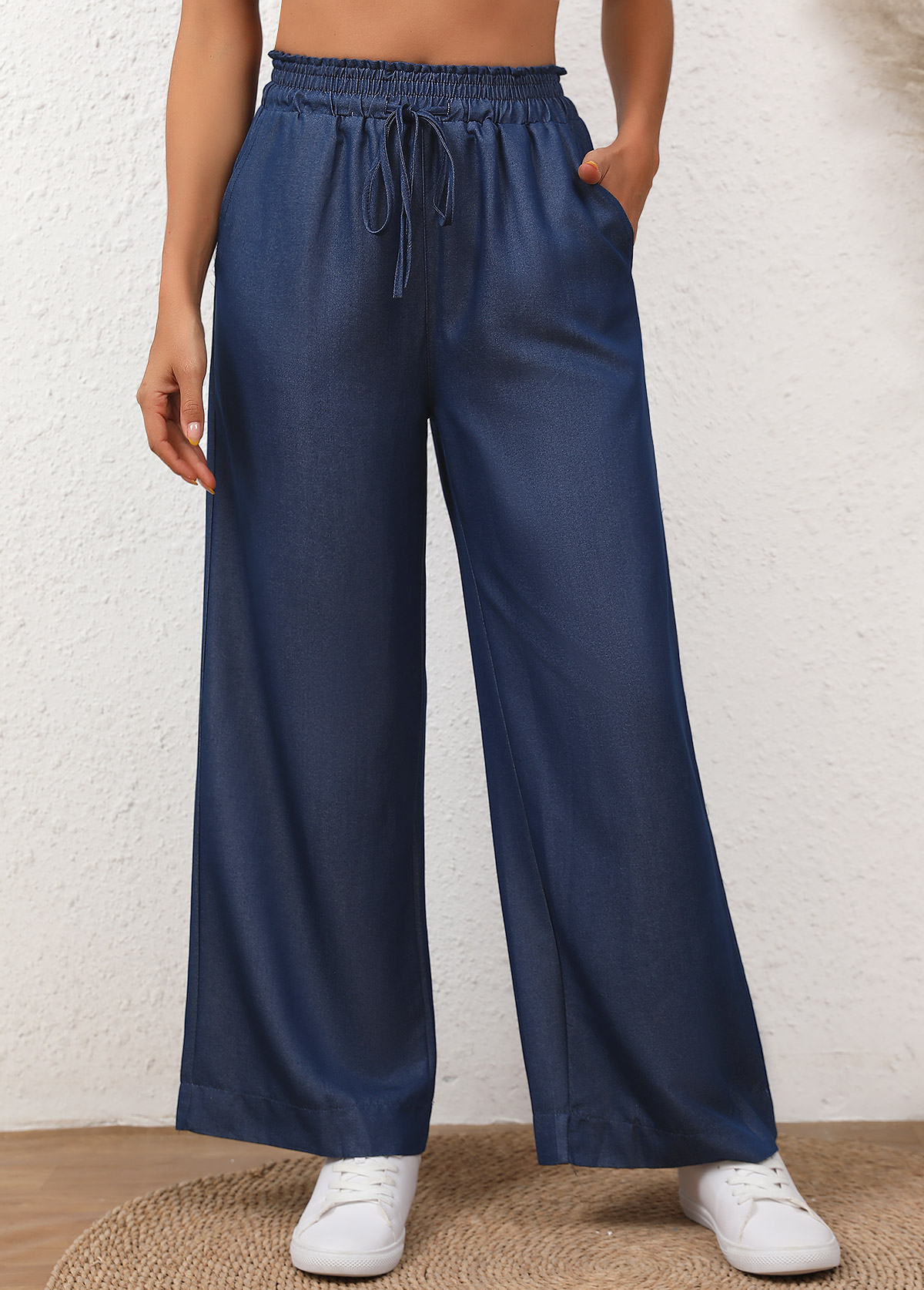 Denim Blue bottoms,Plain Color bottoms,Drawstring Denim Blue Elastic Waist High Waisted Jeans