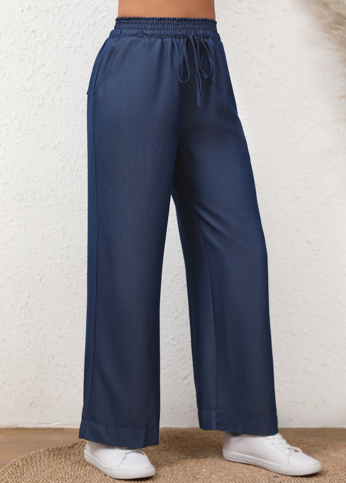 Denim Blue bottoms,Plain Color bottoms,Drawstring Denim Blue Elastic Waist High Waisted Jeans