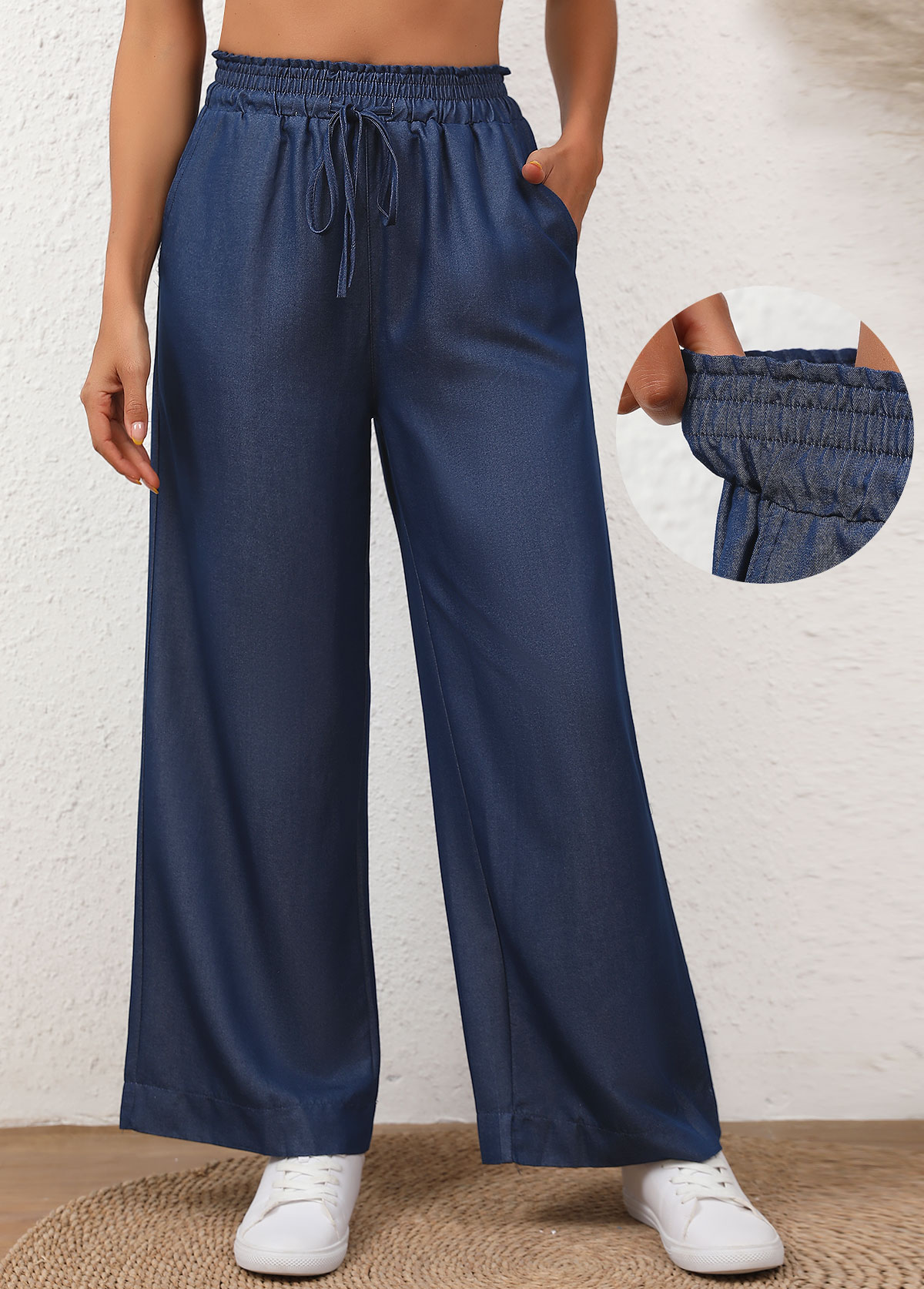 Denim Blue bottoms,Plain Color bottoms,Drawstring Denim Blue Elastic Waist High Waisted Jeans