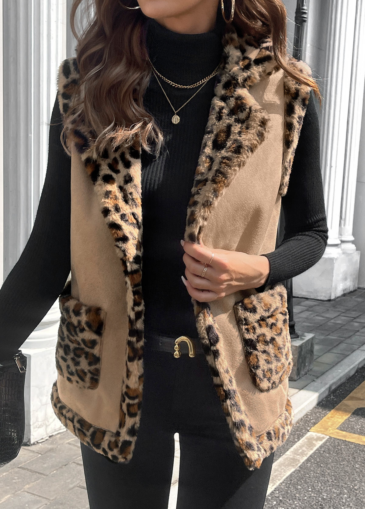 Light Coffee tops,Leopard tops,ROTITA Patchwork Leopard Light Coffee Turn Down Collar Sleeveless Waistcoat