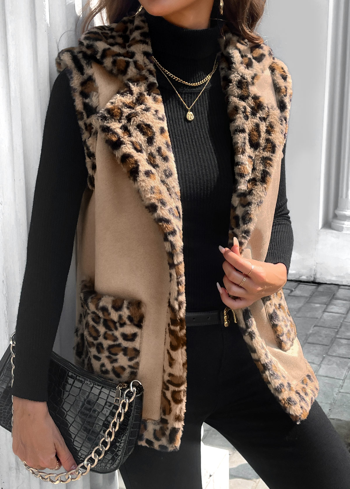 Light Coffee tops,Leopard tops,ROTITA Patchwork Leopard Light Coffee Turn Down Collar Sleeveless Waistcoat