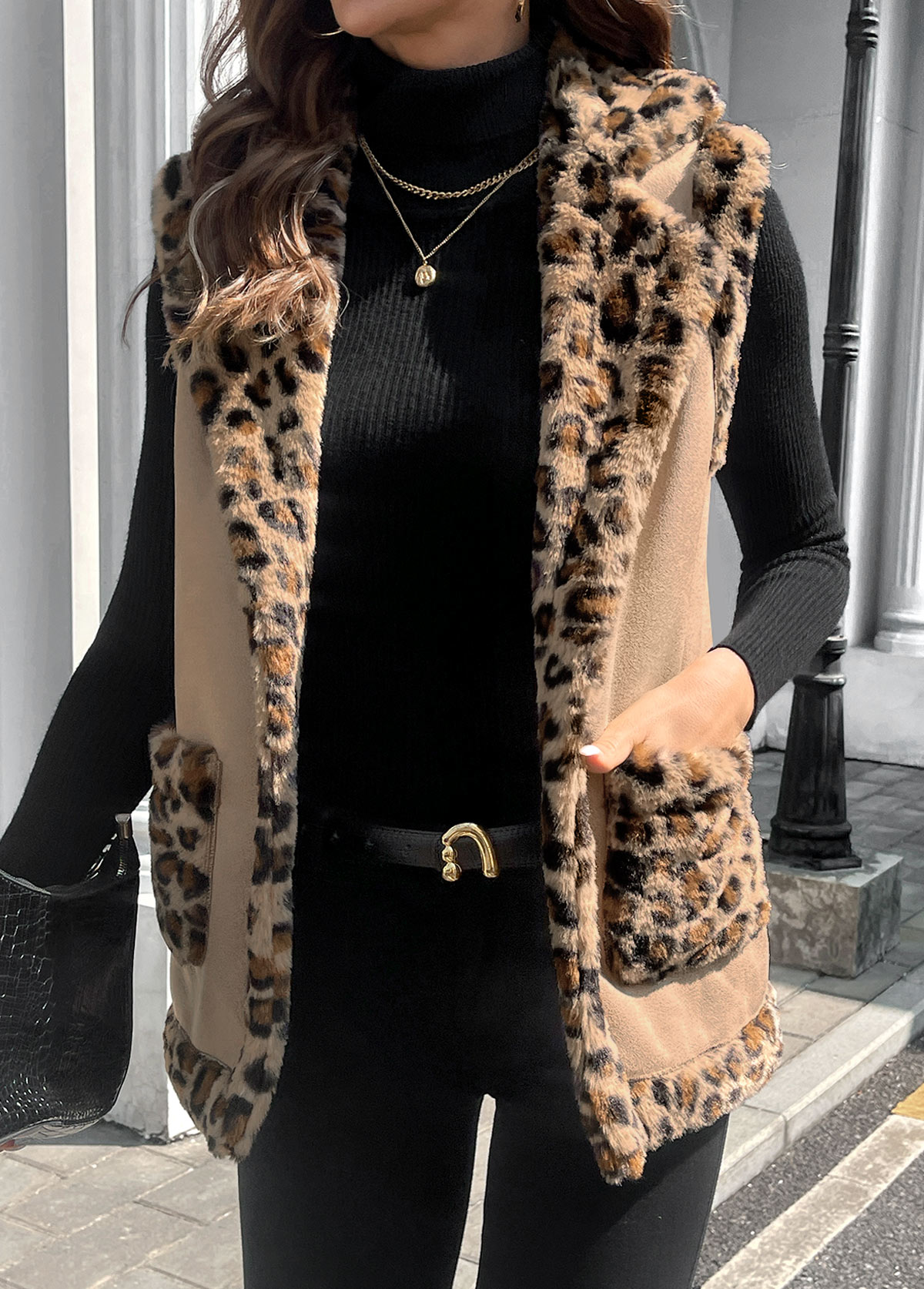Light Coffee tops,Leopard tops,ROTITA Patchwork Leopard Light Coffee Turn Down Collar Sleeveless Waistcoat