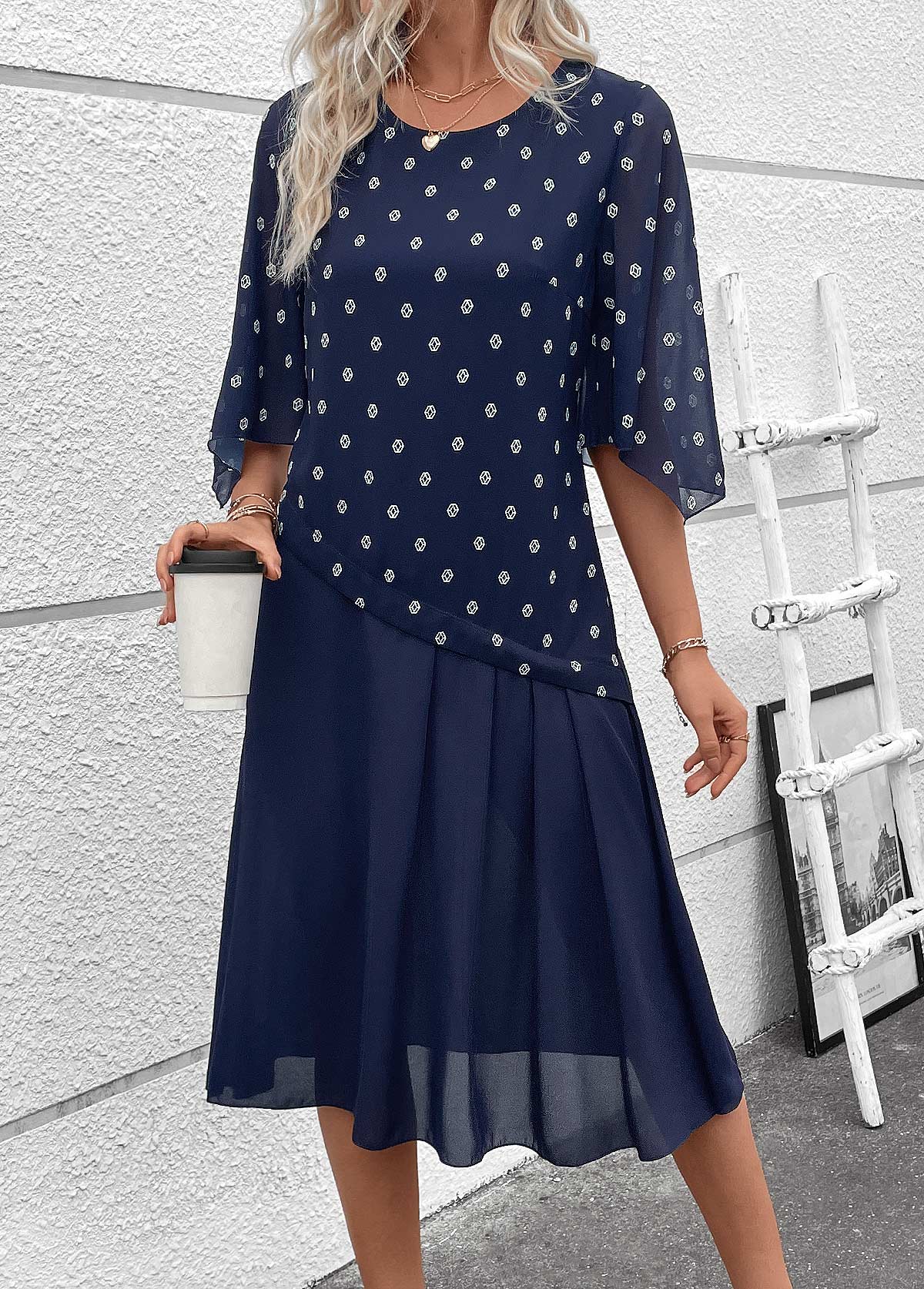 Navy dresses,Geometric dresses,Everyday dresses,Casual dresses,ROTITA Zipper Geometric Print Navy A Line Round Neck Dress