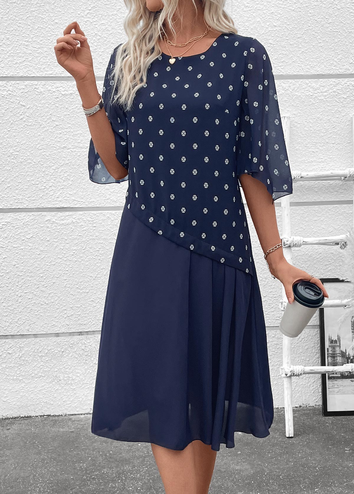 Navy dresses,Geometric dresses,Everyday dresses,Casual dresses,ROTITA Zipper Geometric Print Navy A Line Round Neck Dress