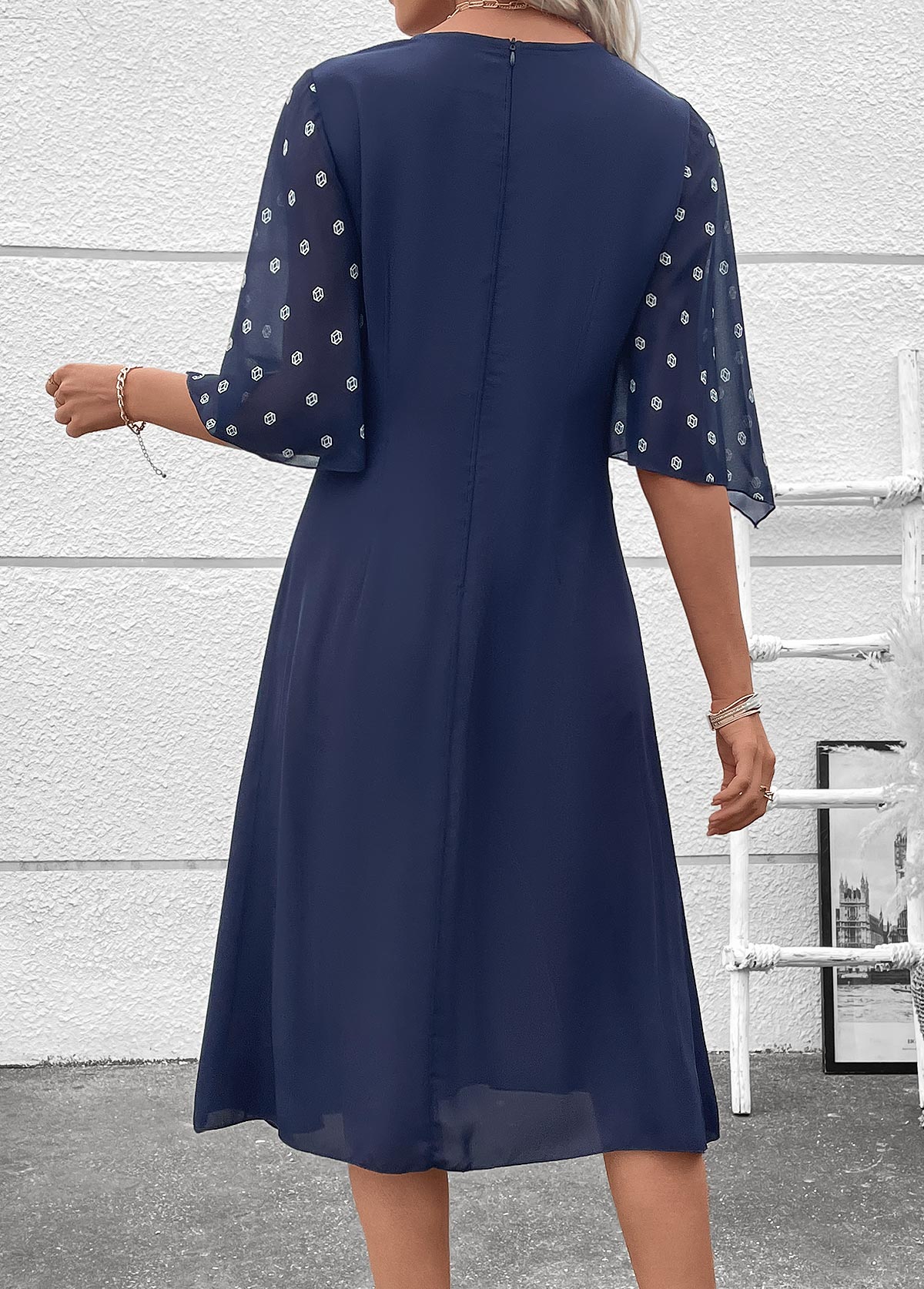 Navy dresses,Geometric dresses,Everyday dresses,Casual dresses,ROTITA Zipper Geometric Print Navy A Line Round Neck Dress