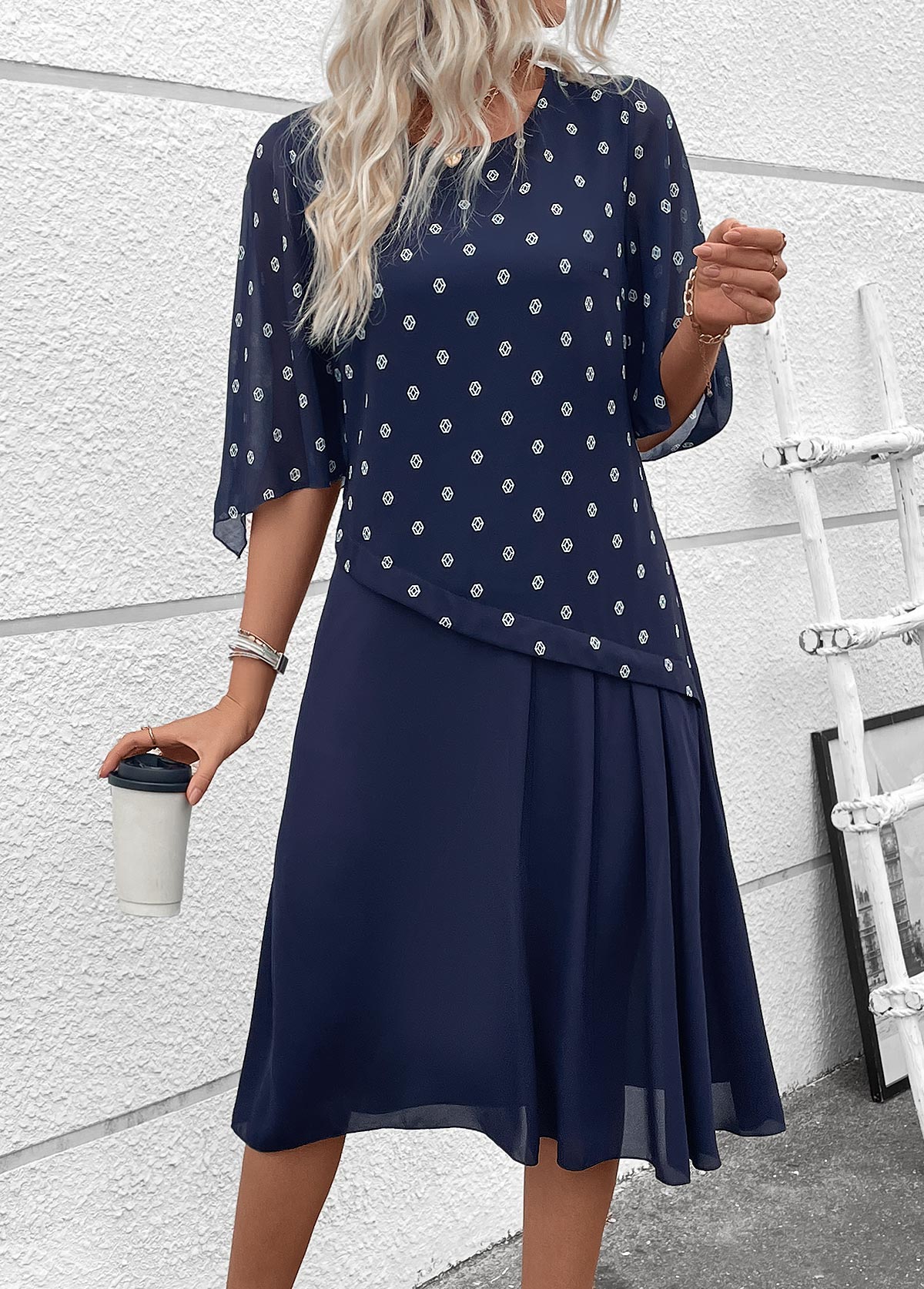 Navy dresses,Geometric dresses,Everyday dresses,Casual dresses,ROTITA Zipper Geometric Print Navy A Line Round Neck Dress