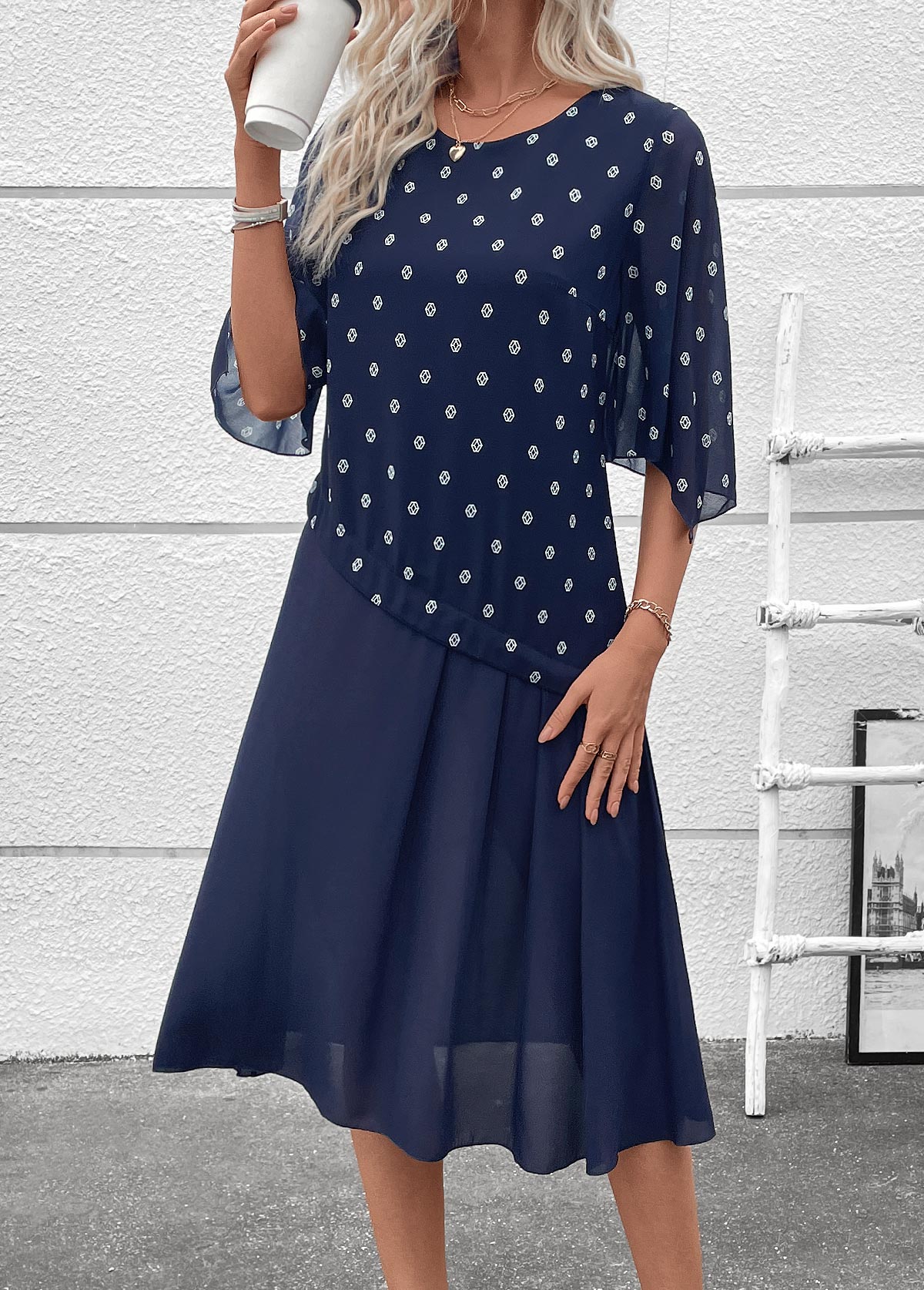Navy dresses,Geometric dresses,Everyday dresses,Casual dresses,ROTITA Zipper Geometric Print Navy A Line Round Neck Dress