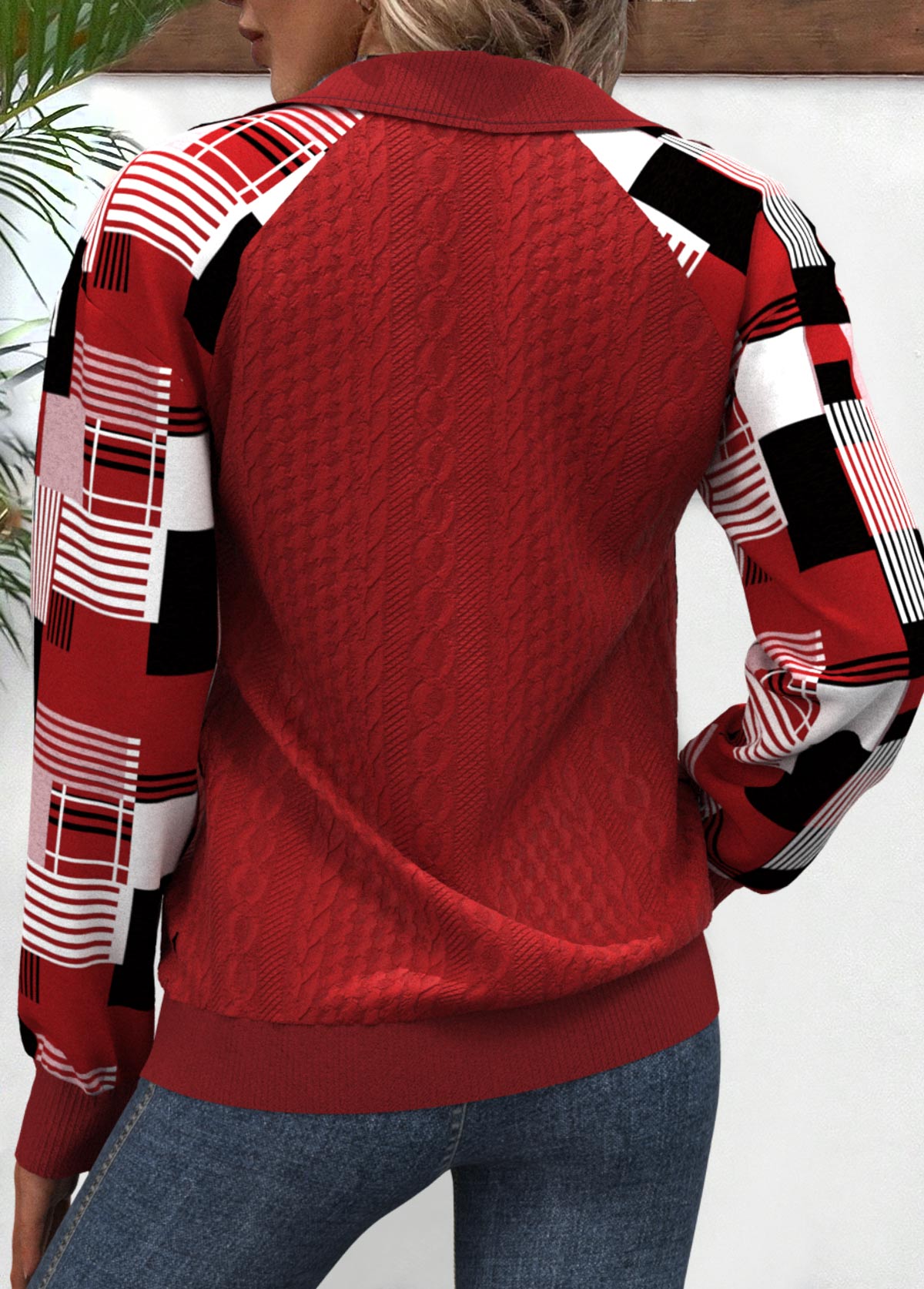 Red plus size,Plaid plus size,Geometric plus size,ROTITA Plus Size Patchwork Red Plaid Turn Down Collar Sweatshirt