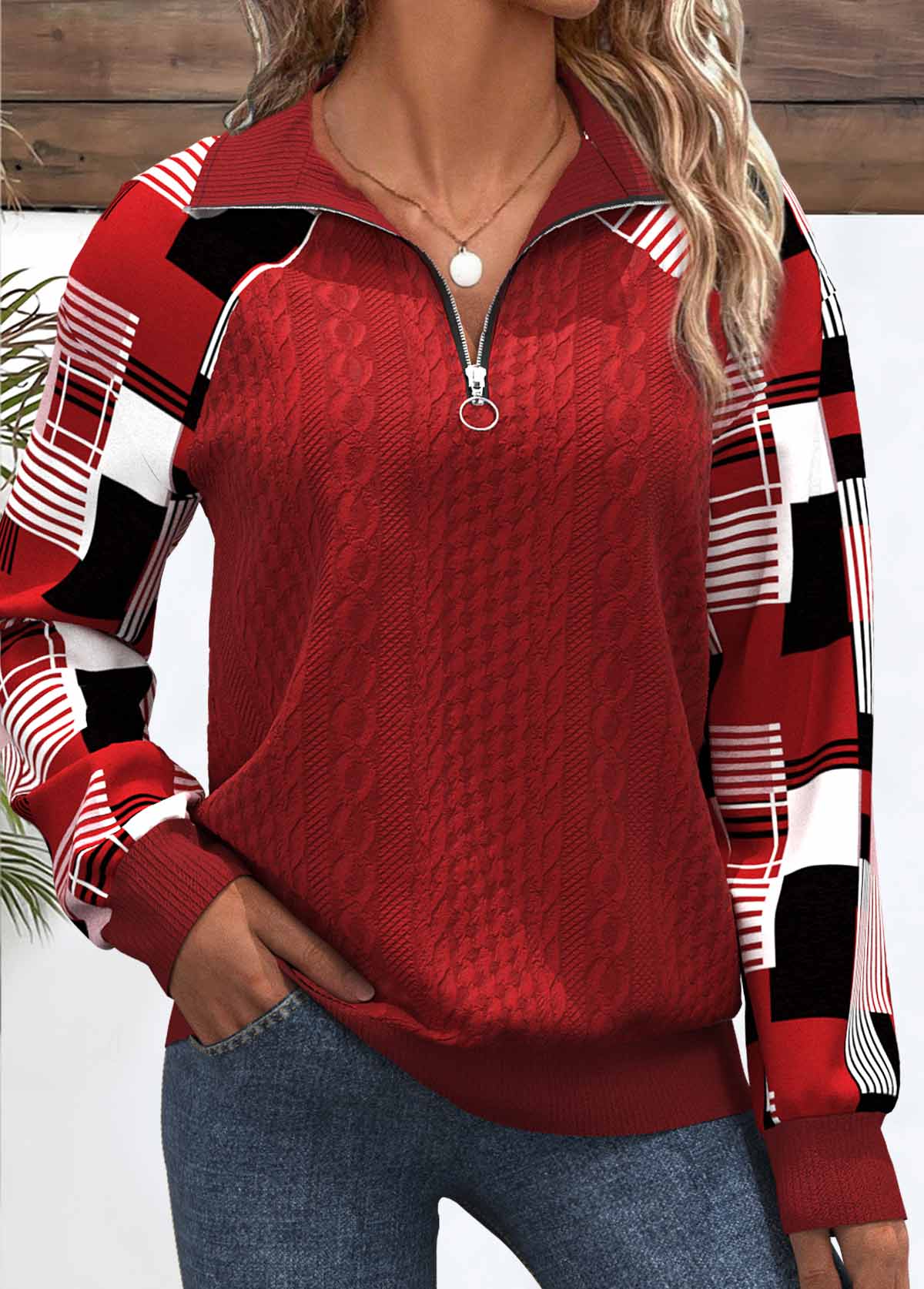 Red plus size,Plaid plus size,Geometric plus size,ROTITA Plus Size Patchwork Red Plaid Turn Down Collar Sweatshirt