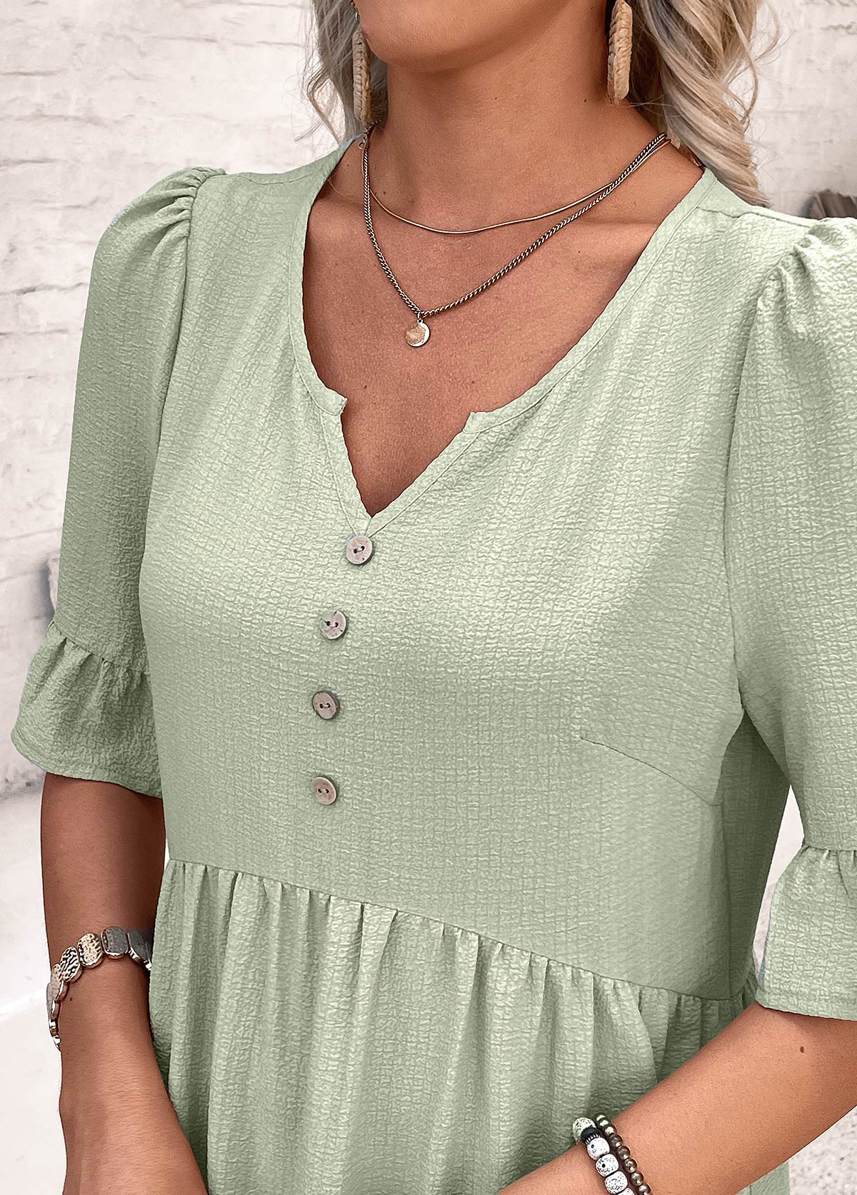 Sage Green dresses,Plain Color dresses,Everyday dresses,Casual dresses,ROTITA Button Sage Green A Line Split Neck Dress