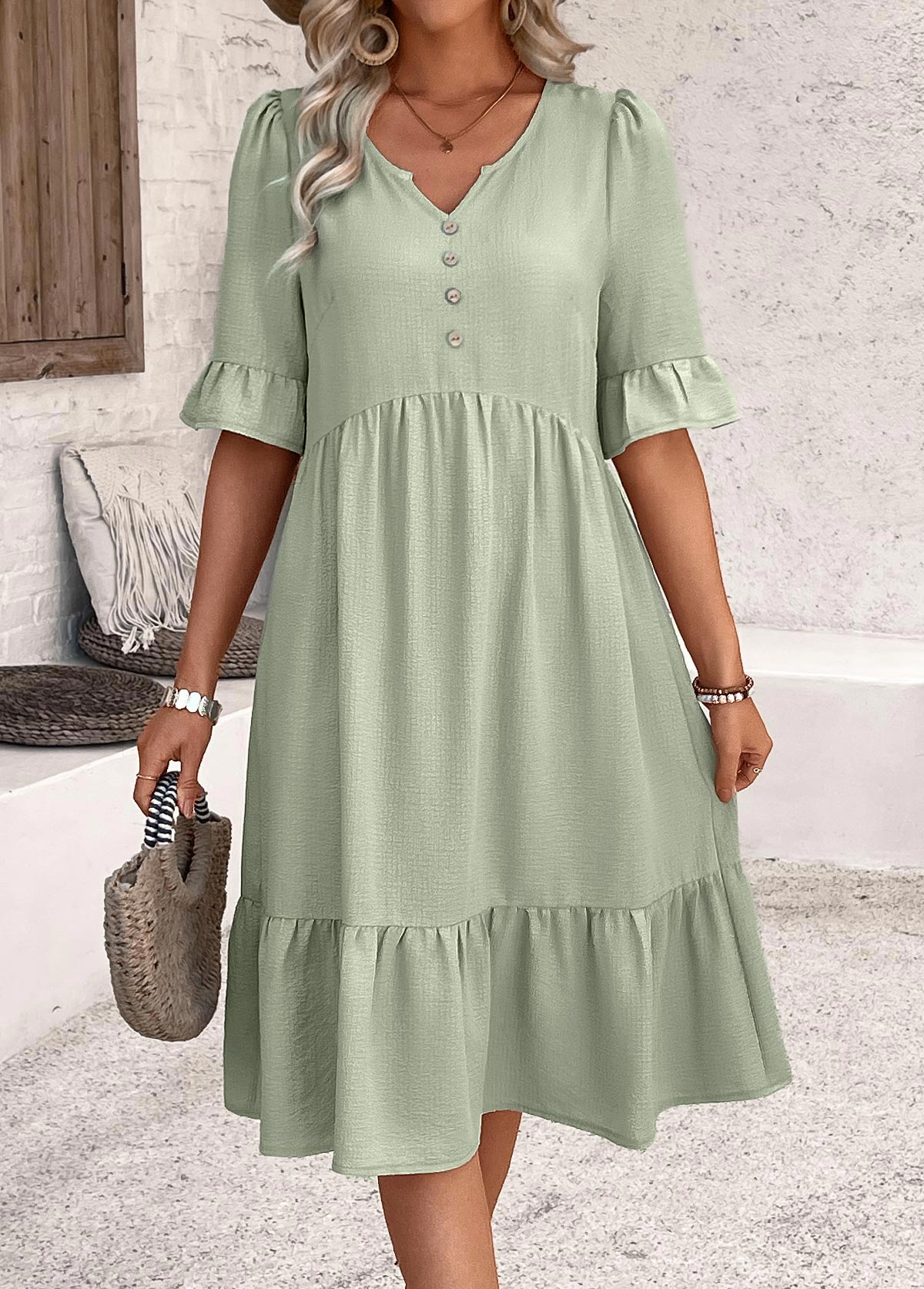 Sage Green dresses,Plain Color dresses,Everyday dresses,Casual dresses,ROTITA Button Sage Green A Line Split Neck Dress