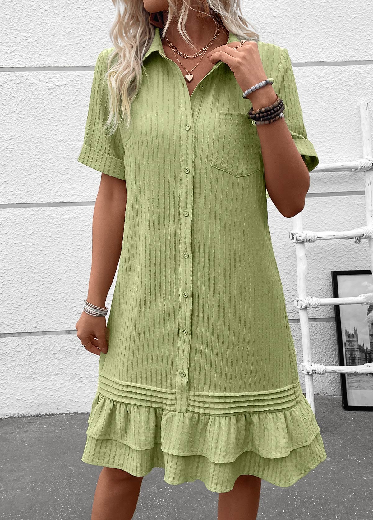 Sage Green dresses,Plain Color dresses,Everyday dresses,Casual dresses,ROTITA Button Sage Green A Line Shirt Collar Dress