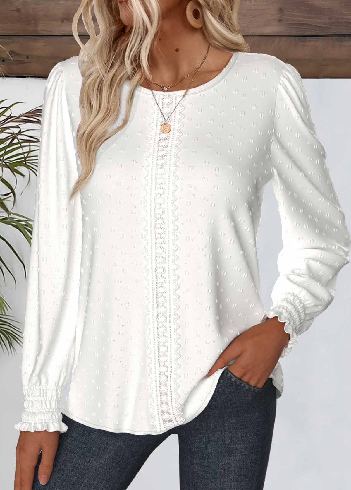 White tops,Plain Color tops,ROTITA Embroidery White Round Neck Long Sleeve Blouse