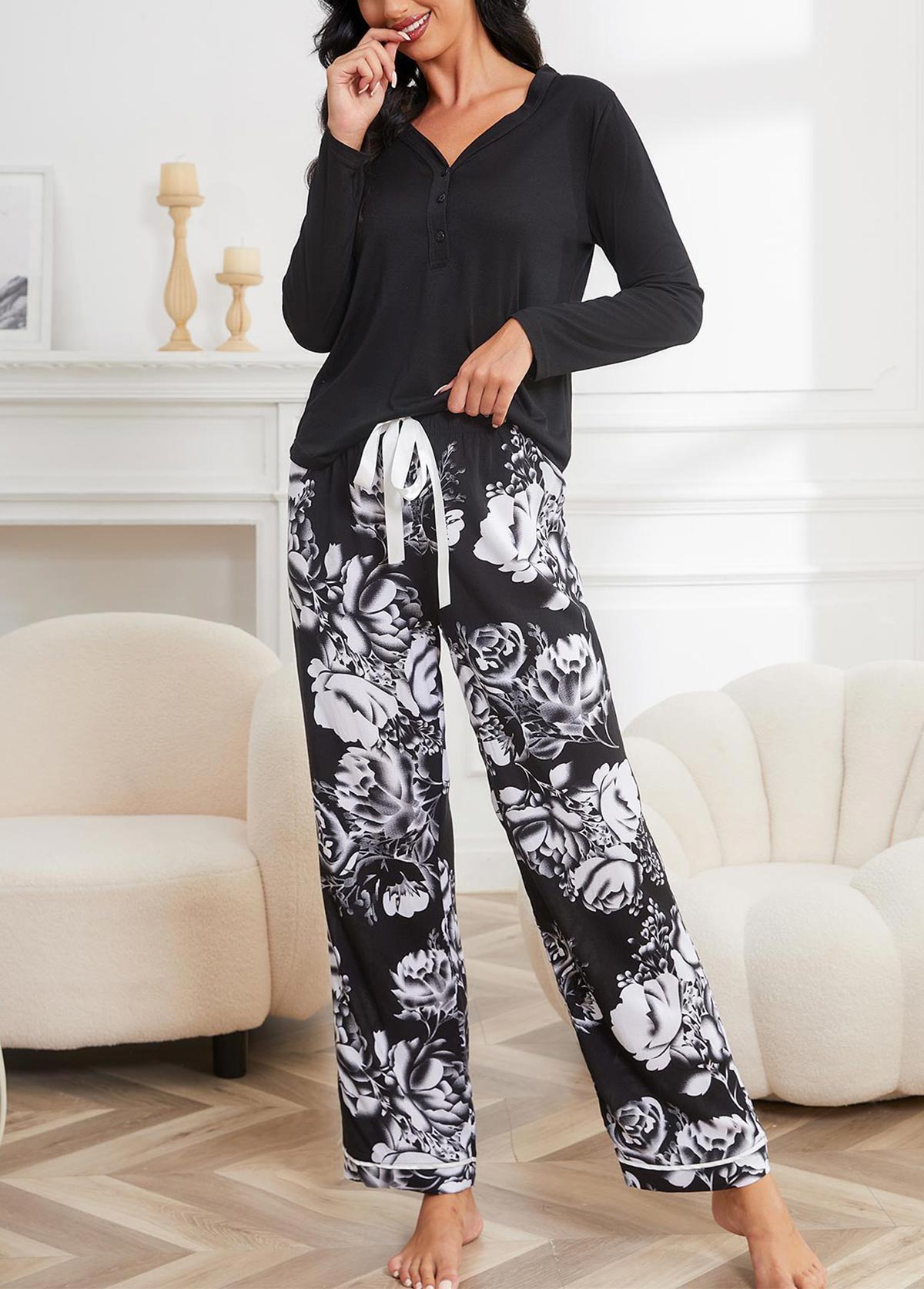 Black loungewear,Floral loungewear,Plants loungewear,Floral Print Black V Neck Lounge Top and Pants