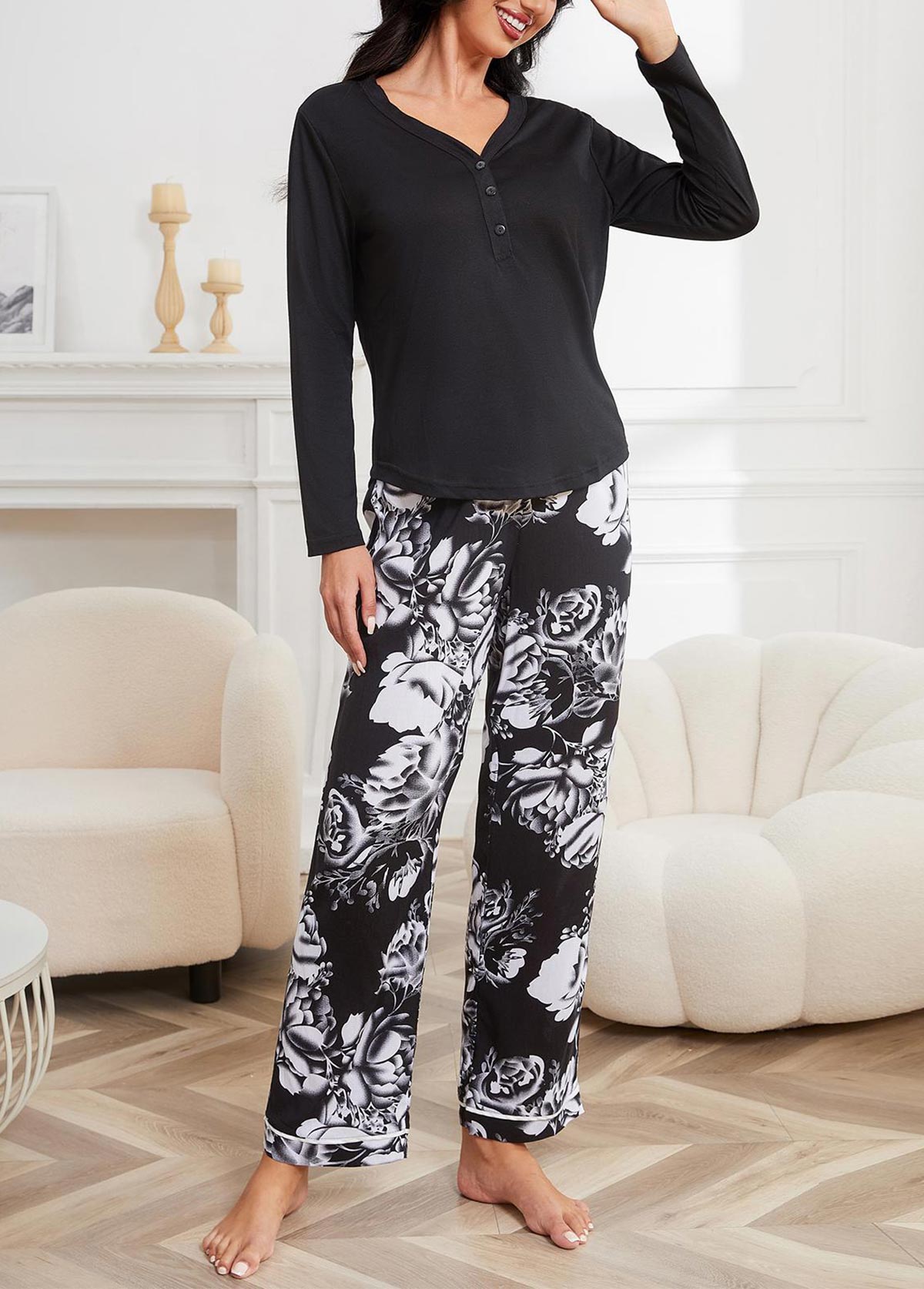 Black loungewear,Floral loungewear,Plants loungewear,Floral Print Black V Neck Lounge Top and Pants