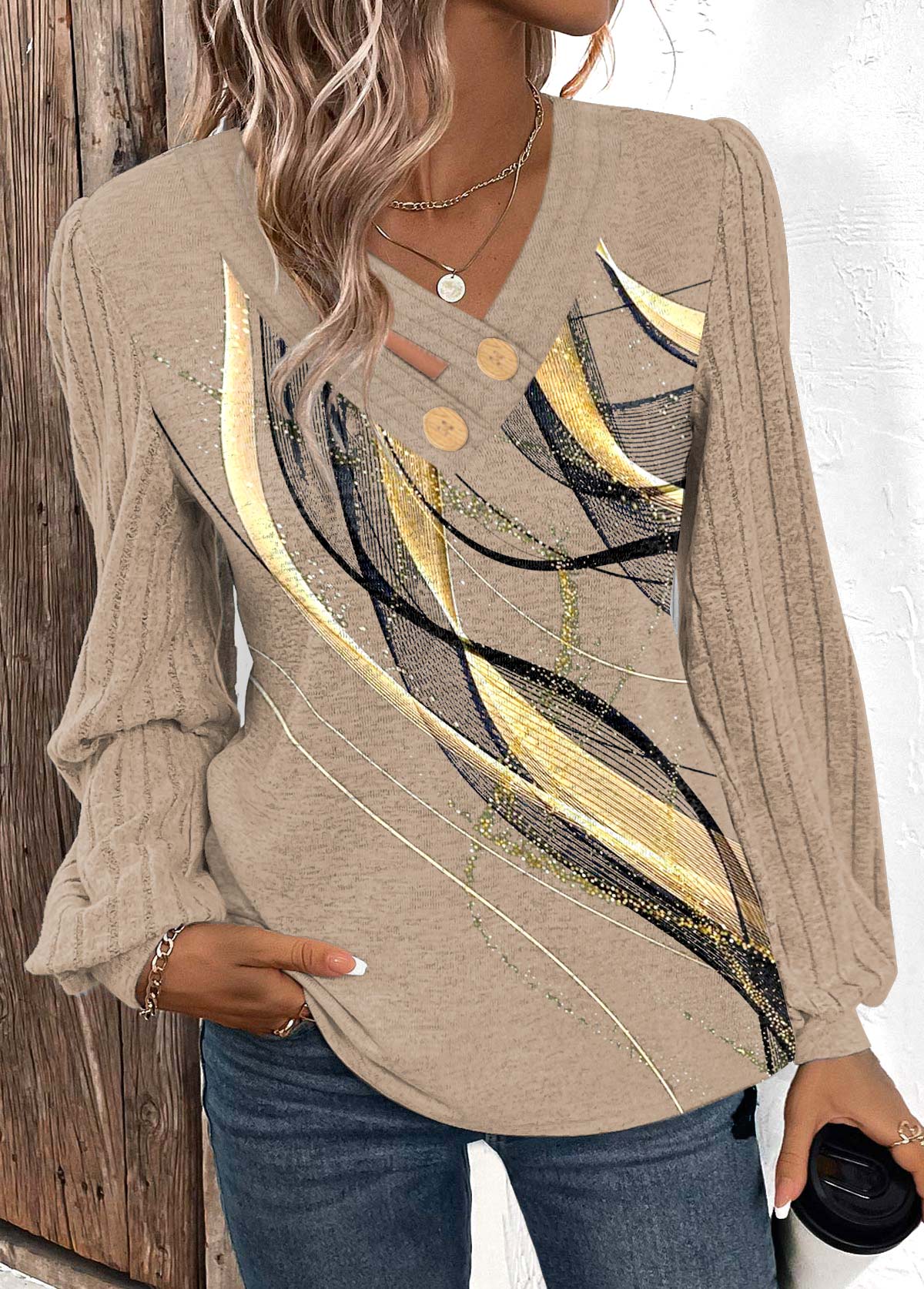 Light Camel plus size,Geometric plus size,ROTITA Plus Size Button Light Camel Geometric Print T Shirt