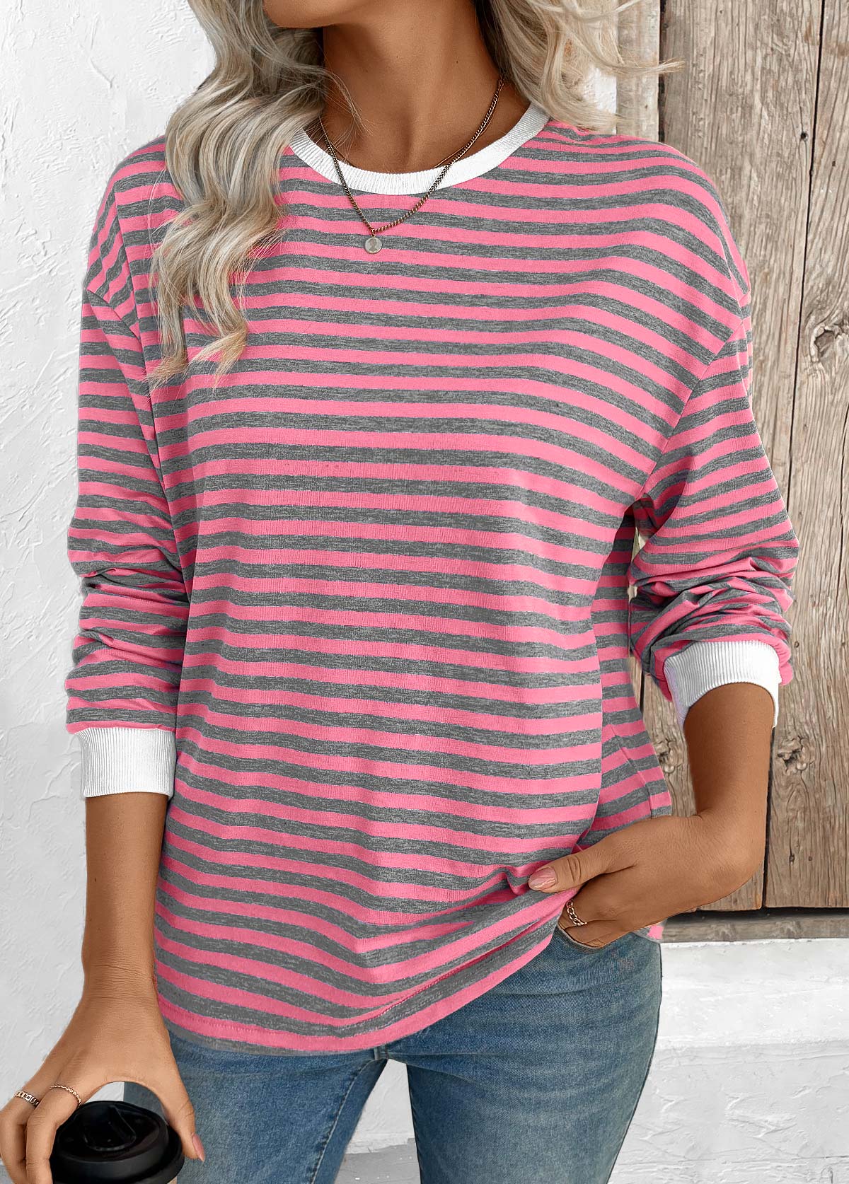 Pink tops,Striped tops,Geometric tops,ROTITA Striped Pink Round Neck Long Sleeve T Shirt