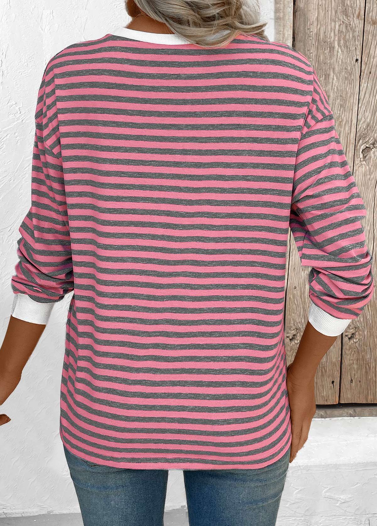 Pink tops,Striped tops,Geometric tops,ROTITA Striped Pink Round Neck Long Sleeve T Shirt
