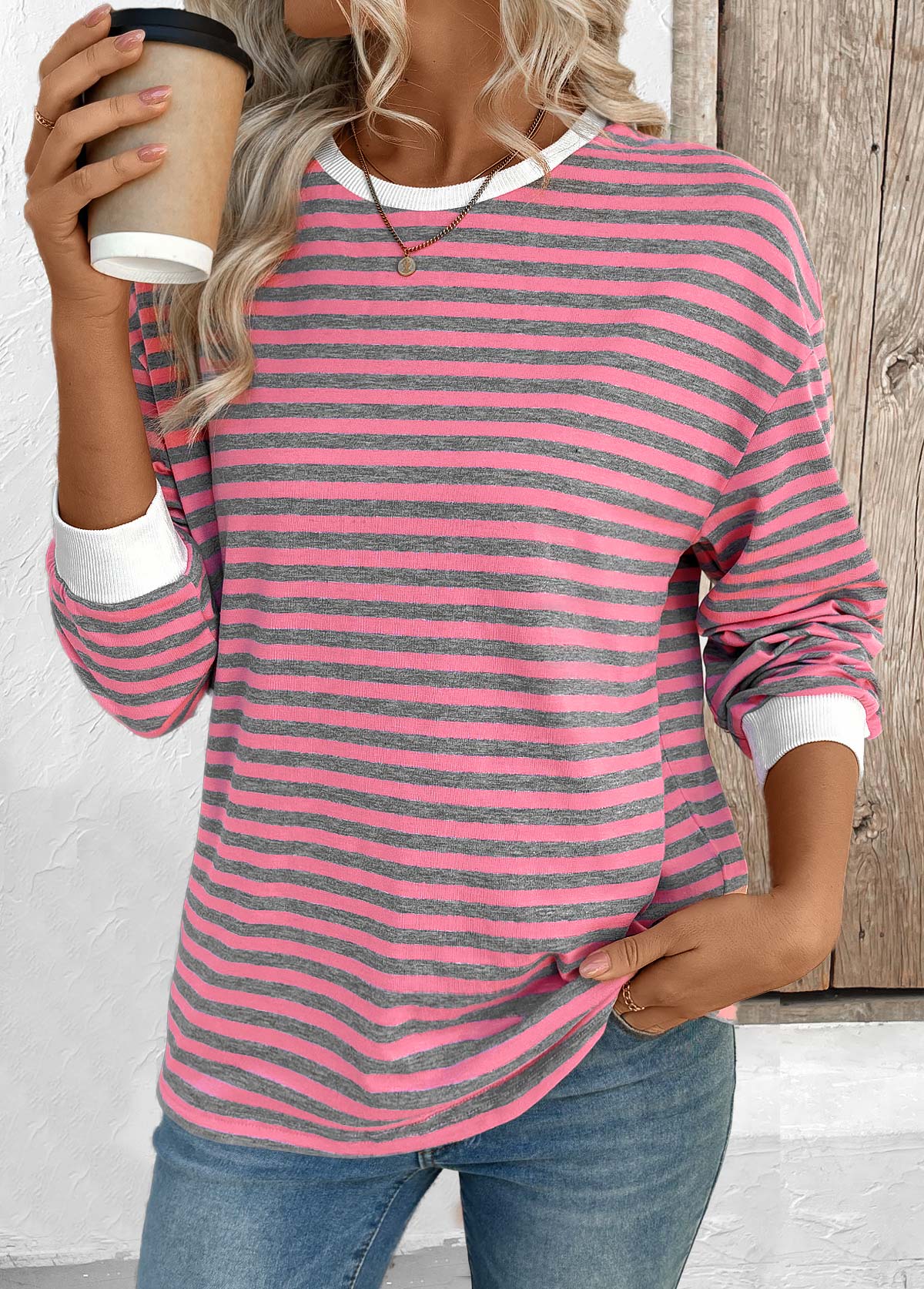Pink tops,Striped tops,Geometric tops,ROTITA Striped Pink Round Neck Long Sleeve T Shirt
