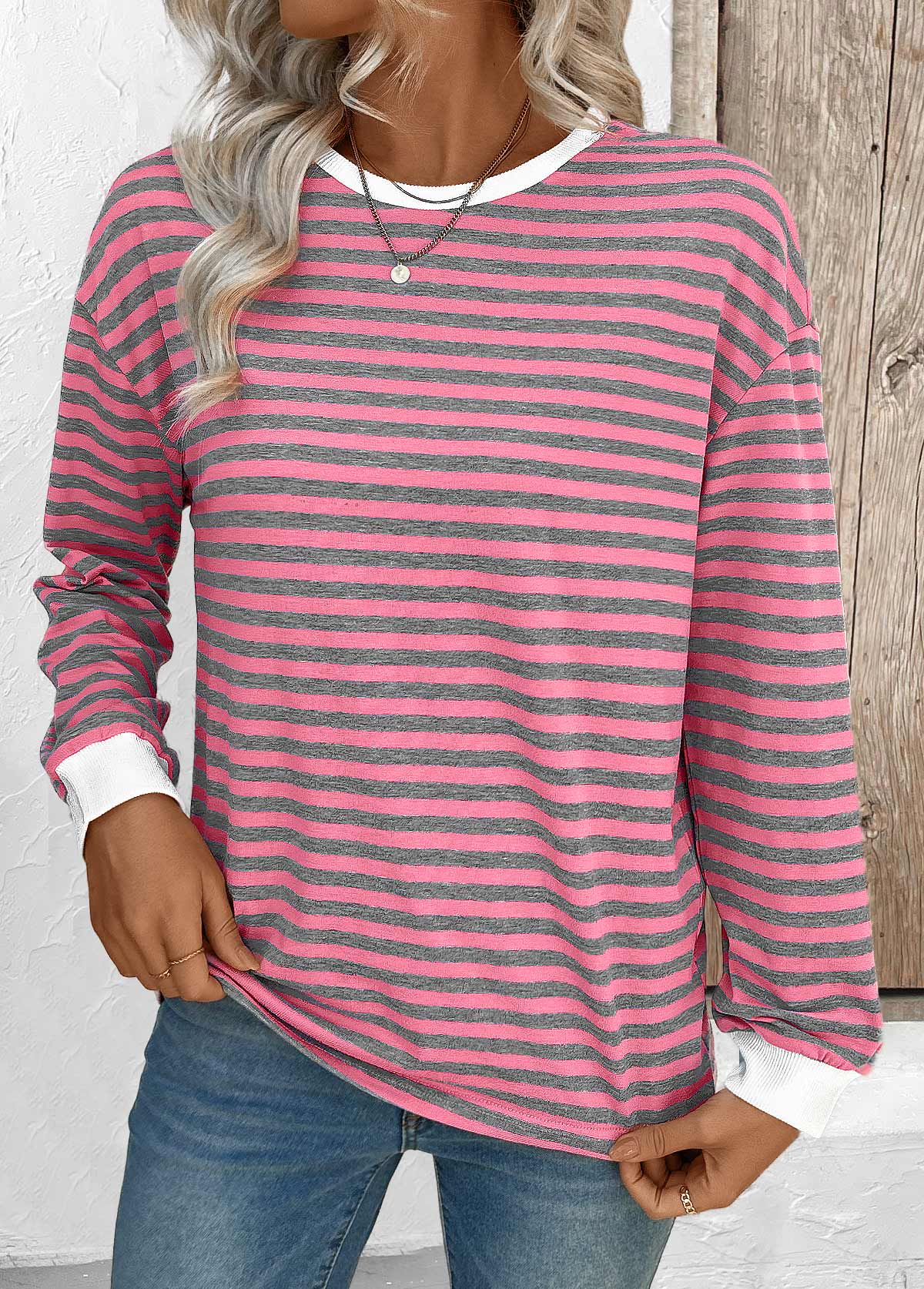 Pink tops,Striped tops,Geometric tops,ROTITA Striped Pink Round Neck Long Sleeve T Shirt
