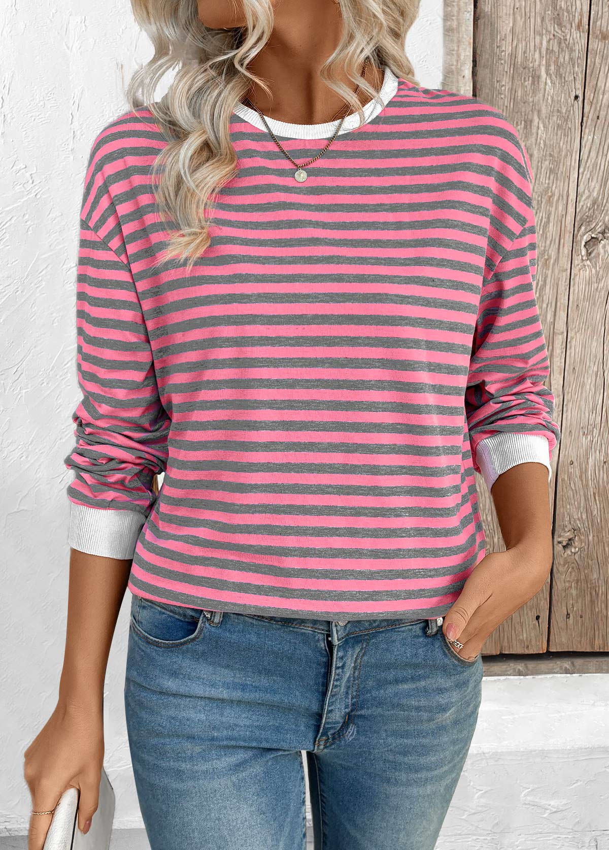 Pink tops,Striped tops,Geometric tops,ROTITA Striped Pink Round Neck Long Sleeve T Shirt