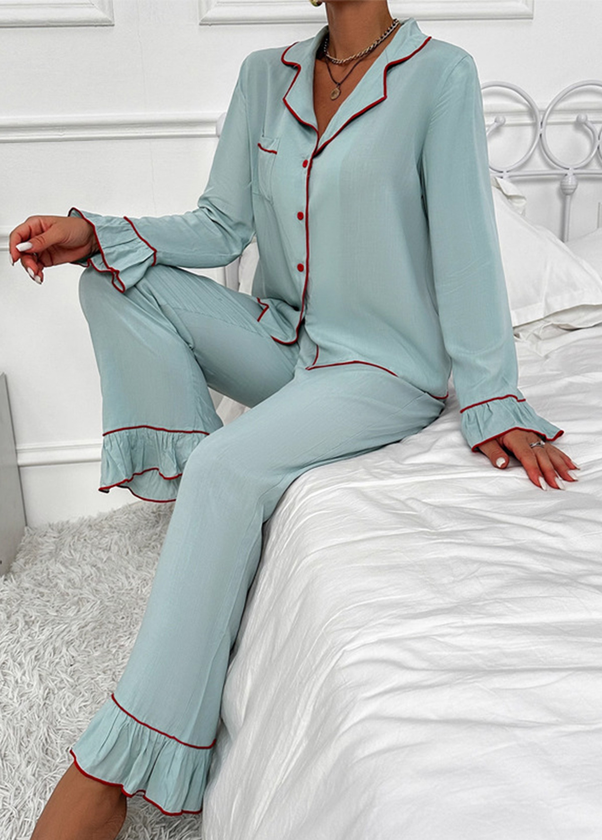 Mint Green loungewear,Contrast Color loungewear,Mint Green Turn Down Collar Lounge Top and Pants