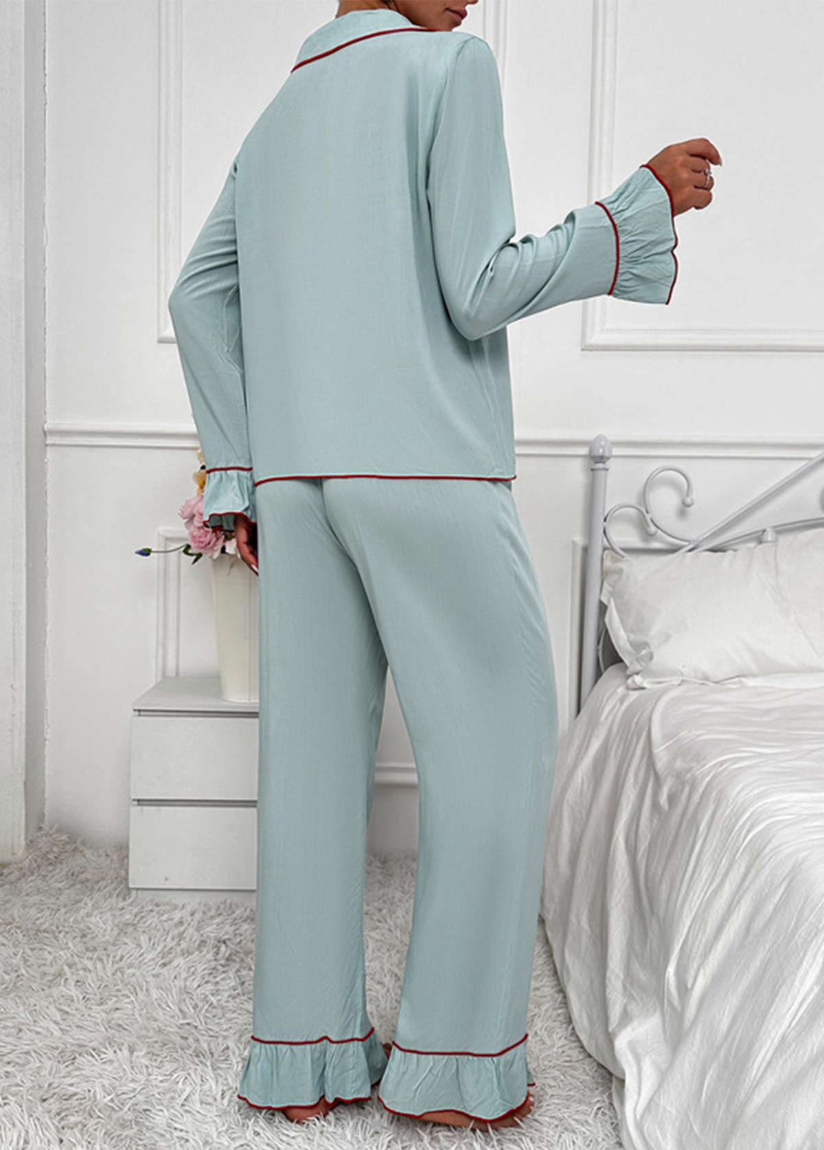 Mint Green loungewear,Contrast Color loungewear,Mint Green Turn Down Collar Lounge Top and Pants