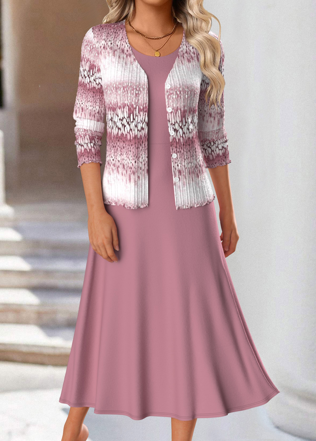 Pink dresses,Ombre dresses,Everyday dresses,Casual dresses,ROTITA Two Piece Ombre Pink Round Neck Dress and Cardigan