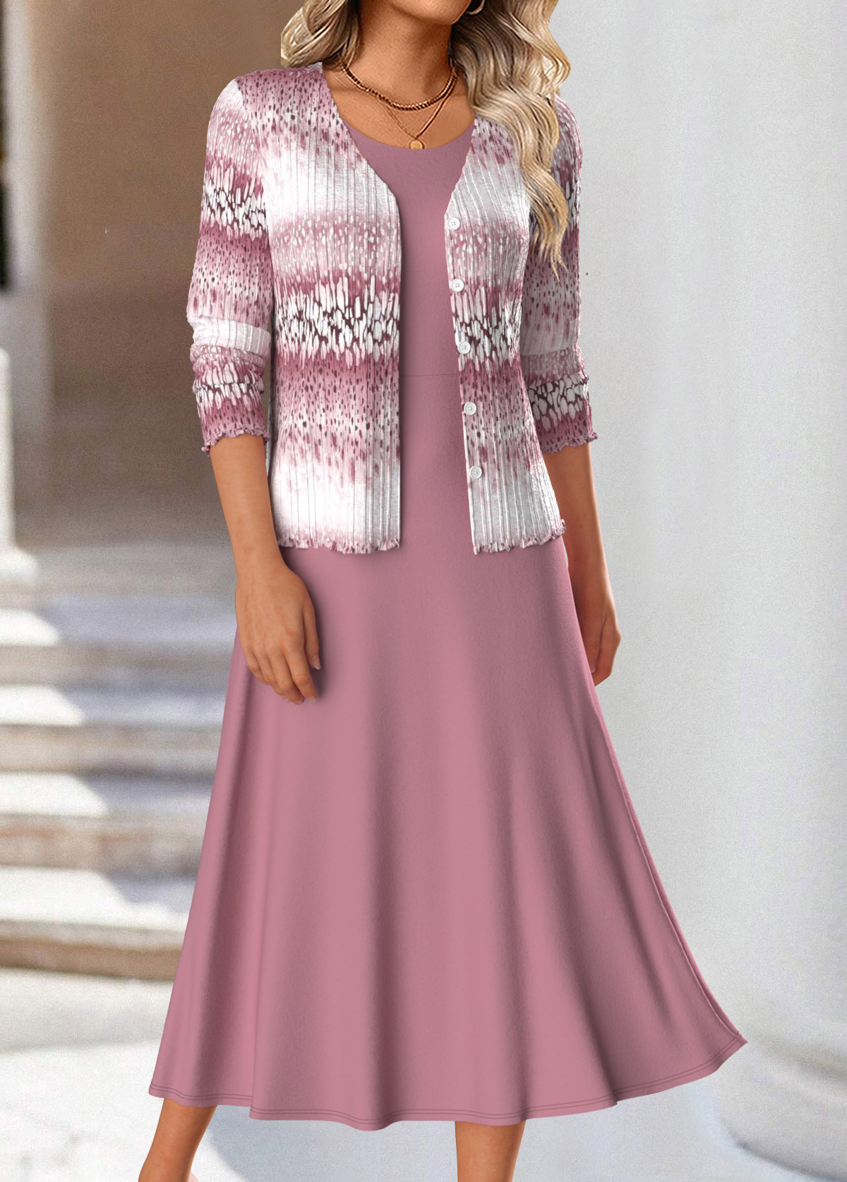 Pink dresses,Ombre dresses,Everyday dresses,Casual dresses,ROTITA Two Piece Ombre Pink Round Neck Dress and Cardigan