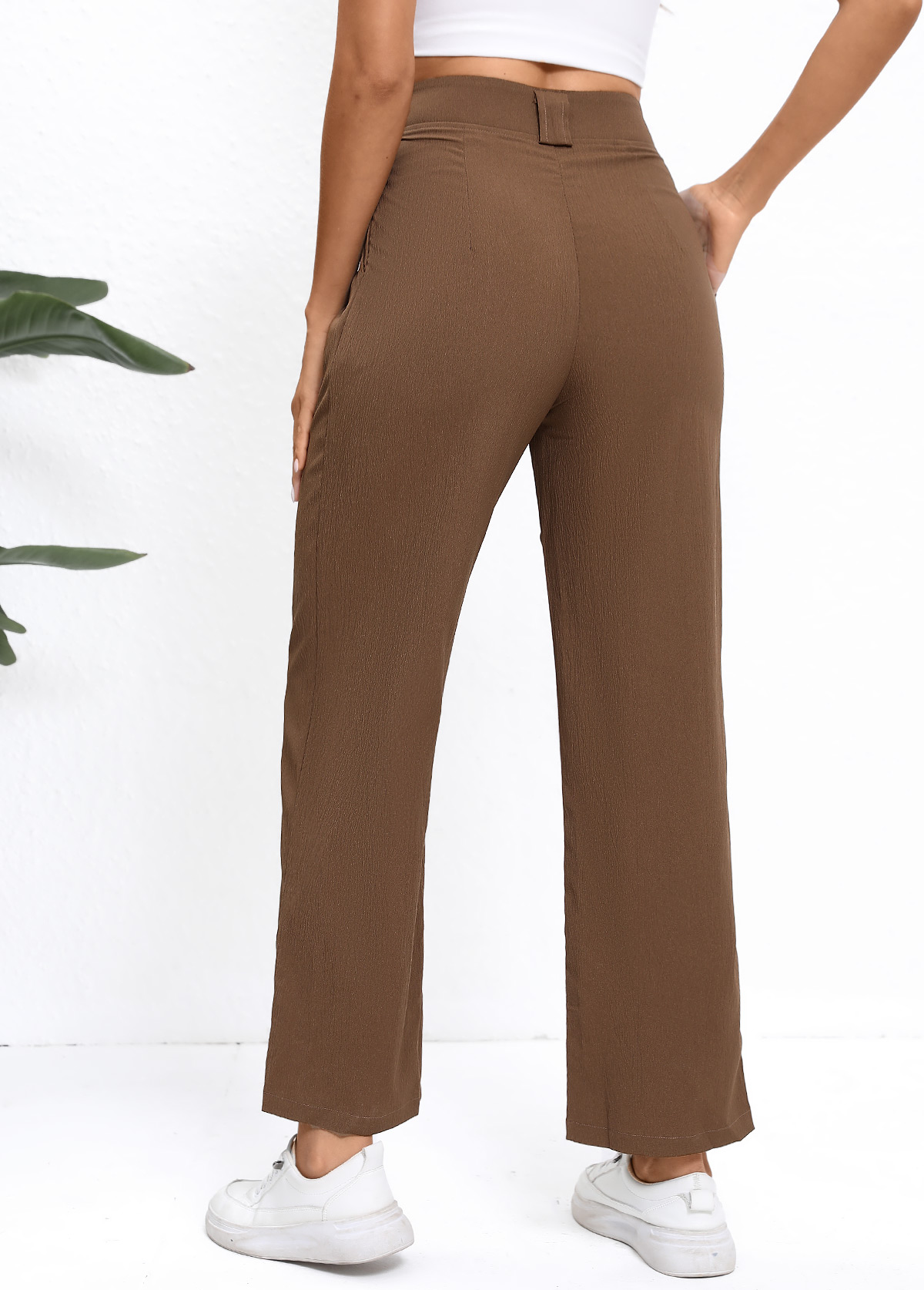 Dark Coffee bottoms,Plain Color bottoms,Button Dark Coffee Straight Leg High Waisted Pants