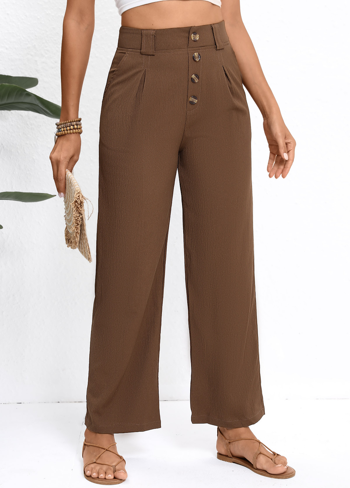 Dark Coffee bottoms,Plain Color bottoms,Button Dark Coffee Straight Leg High Waisted Pants