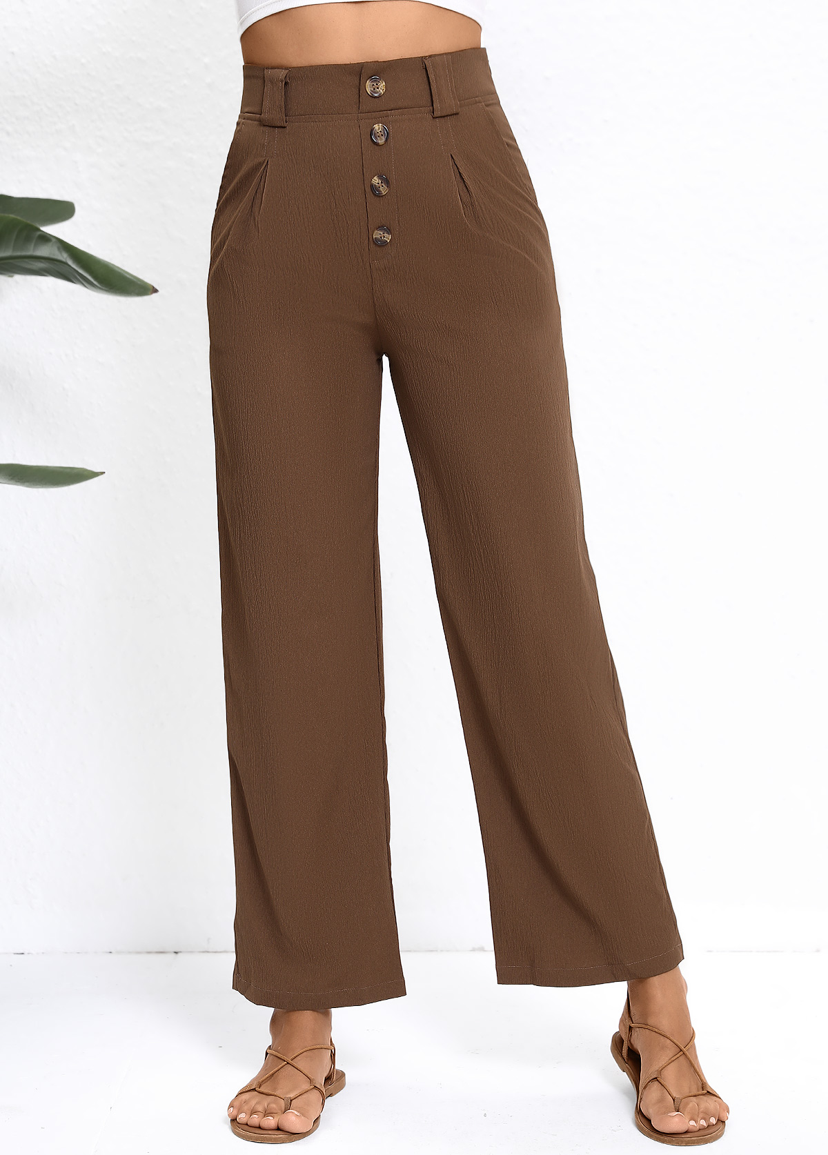 Dark Coffee bottoms,Plain Color bottoms,Button Dark Coffee Straight Leg High Waisted Pants