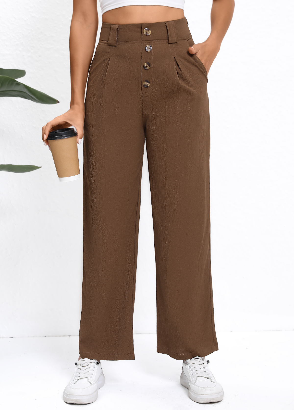Dark Coffee bottoms,Plain Color bottoms,Button Dark Coffee Straight Leg High Waisted Pants