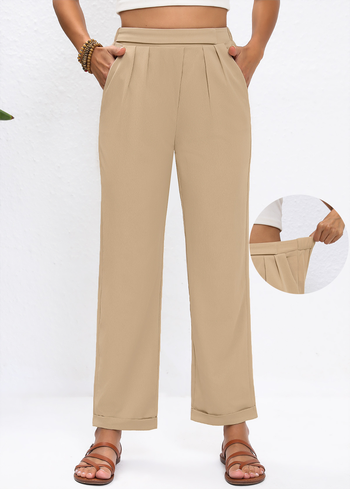 Light Camel bottoms,Plain Color bottoms,Light Camel High Waisted Straight Leg Elastic Waist Pants
