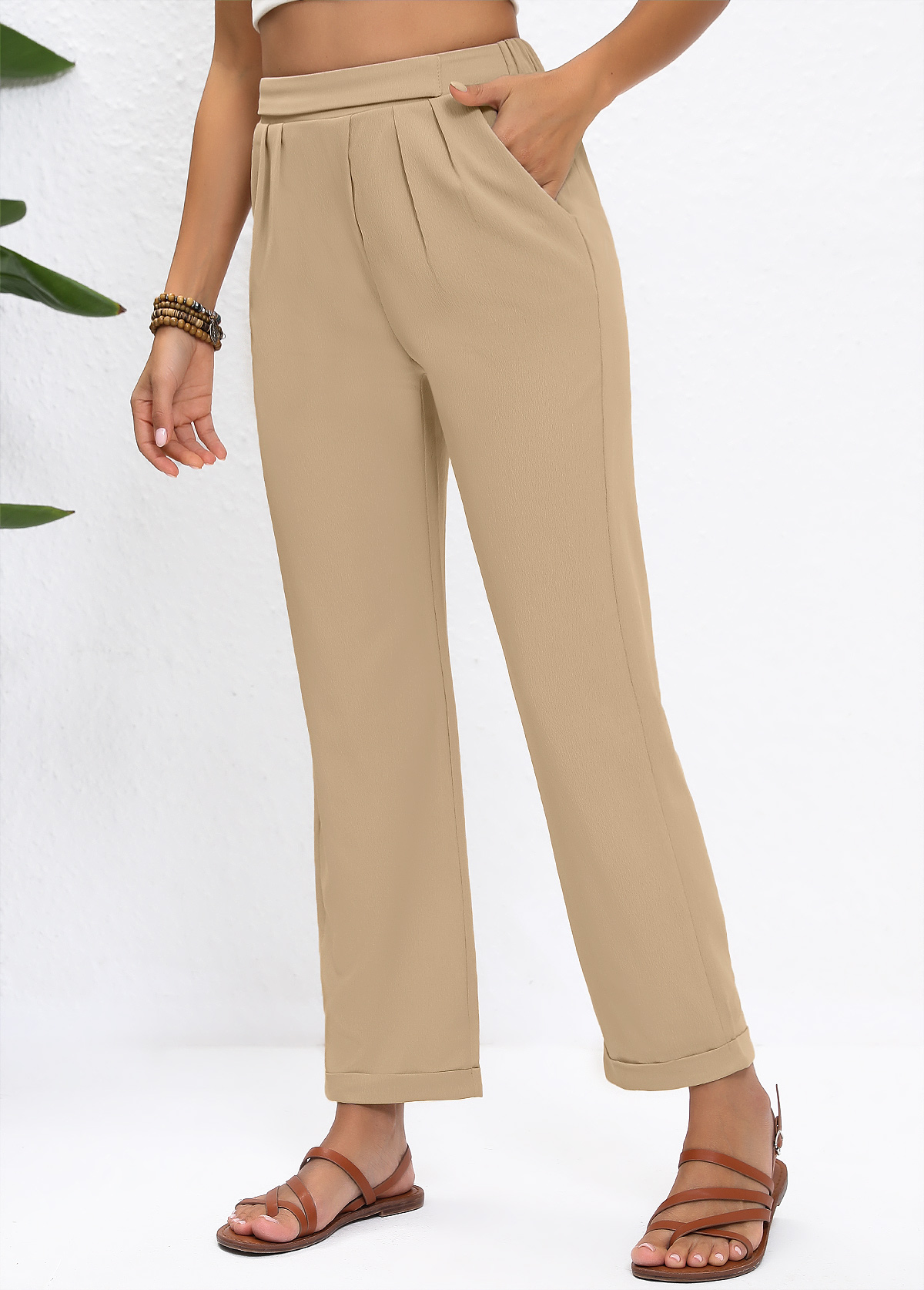 Light Camel bottoms,Plain Color bottoms,Light Camel High Waisted Straight Leg Elastic Waist Pants