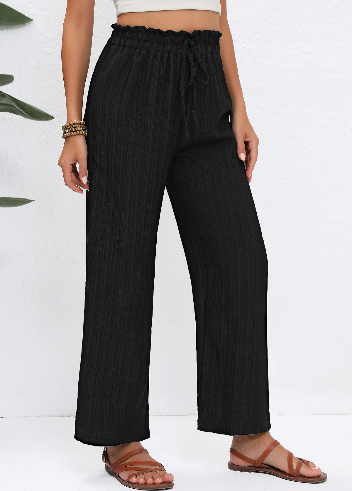 Black bottoms,Plain Color bottoms,Drawstring Black Straight Leg Elastic Waist High Waisted Pants