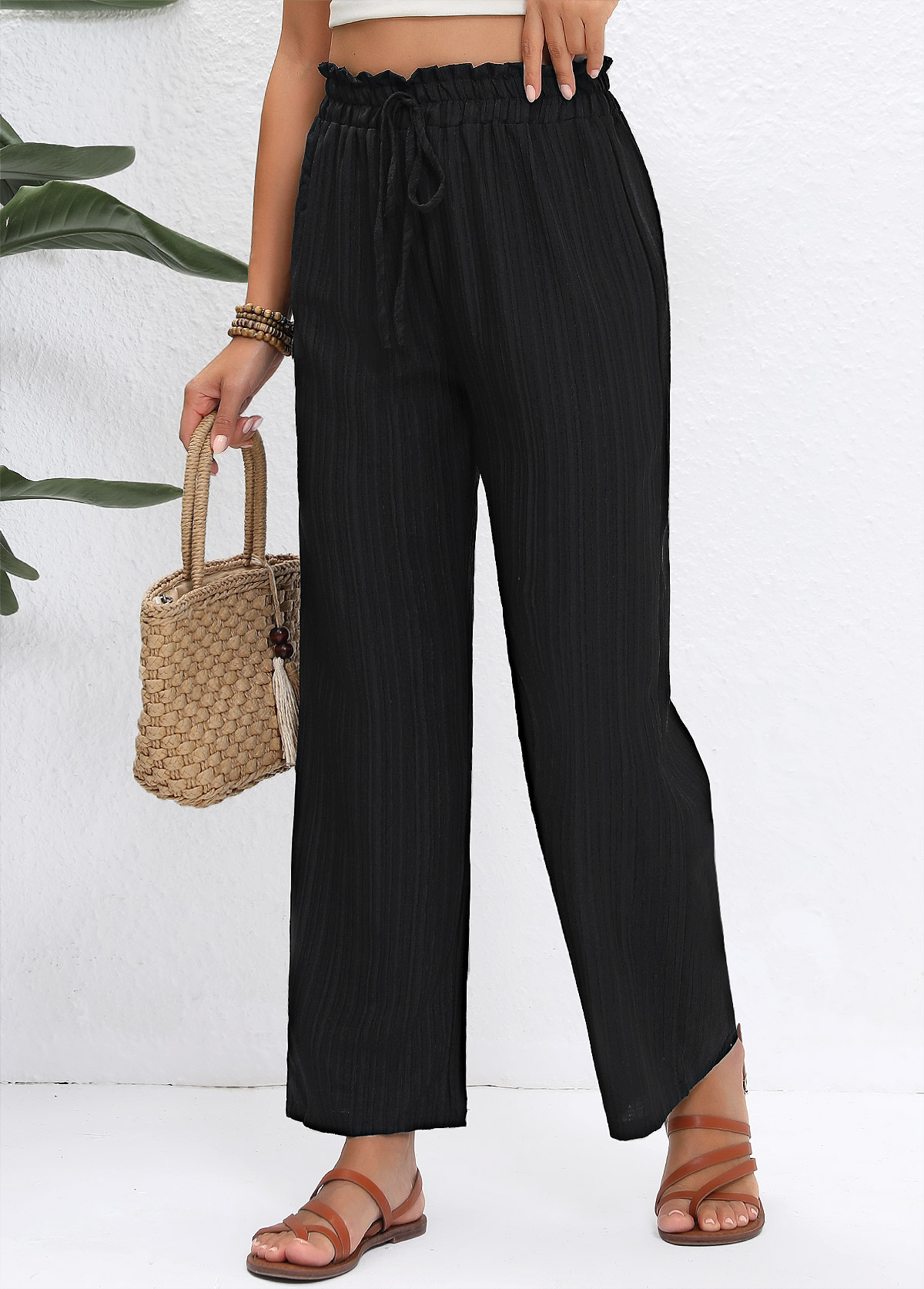 Black bottoms,Plain Color bottoms,Drawstring Black Straight Leg Elastic Waist High Waisted Pants